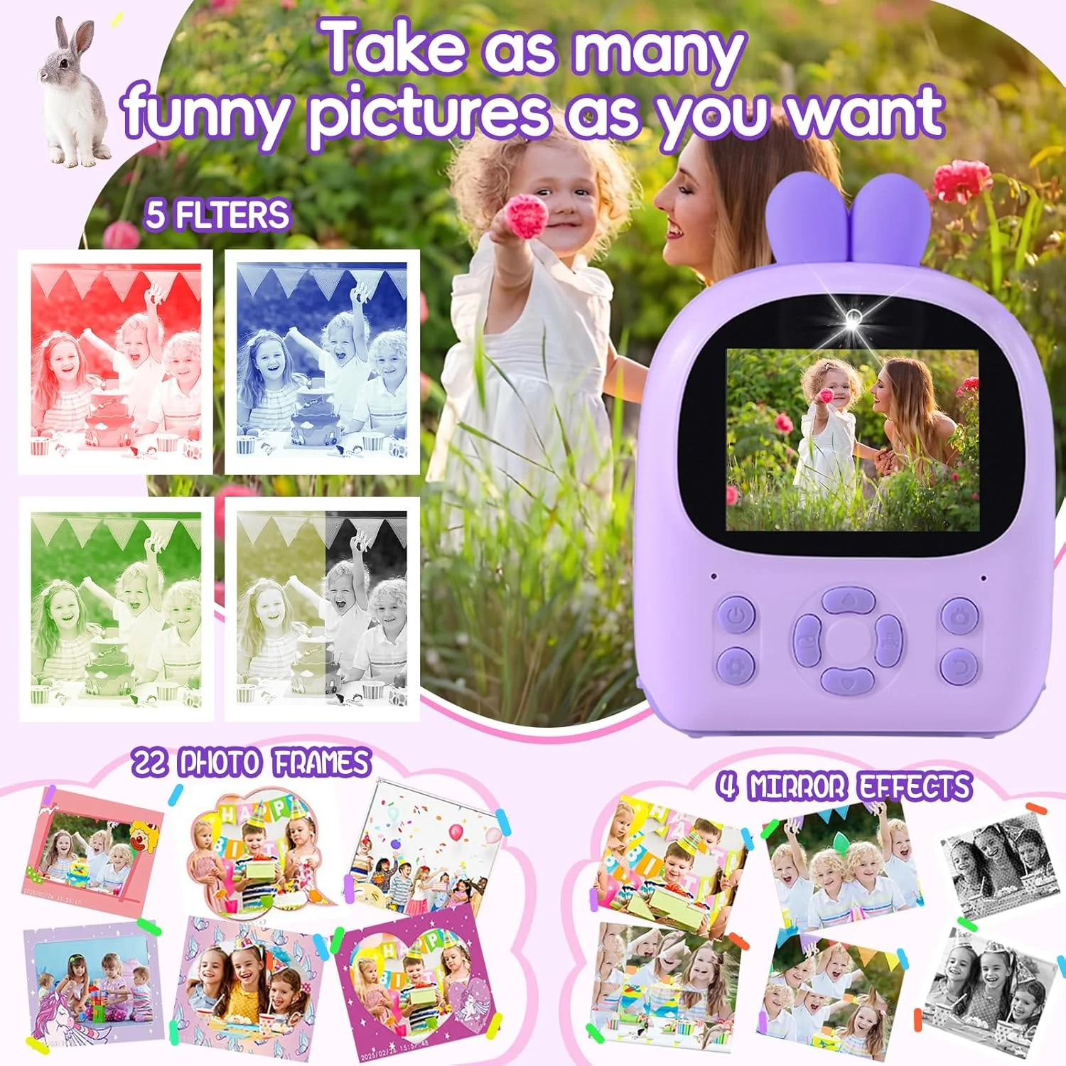 دوربین چاپ فوری کودکانه - دوربین دیجیتال 48 مگاپیکسلی HD با چاپ عکس سیاه و سفید، زوم 16 برابر، کارت 32 گیگابایتی، بازی ها و پخش کننده MP3 برای دختران و پسران 3-12 ساله (بنفش)