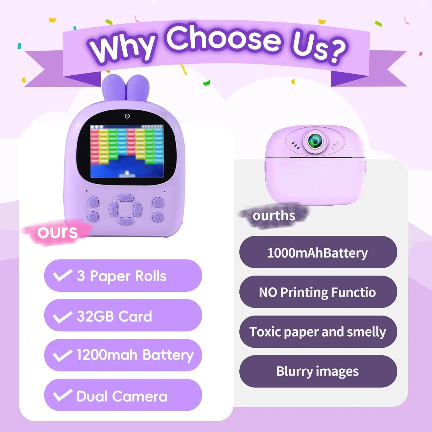 دوربین چاپ فوری کودکانه - دوربین دیجیتال 48 مگاپیکسلی HD با چاپ عکس سیاه و سفید، زوم 16 برابر، کارت 32 گیگابایتی، بازی ها و پخش کننده MP3 برای دختران و پسران 3-12 ساله (بنفش)