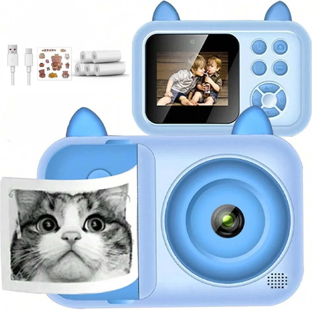 دوربین چاپ فوری کودکان - دوربین دیجیتال 1080P برای کودکان 3 تا 12 سال به همراه کاغذ چاپ (بدون کارت حافظه) - هدیه تولد سرگرم کننده برای دختران و پسران (آبی)