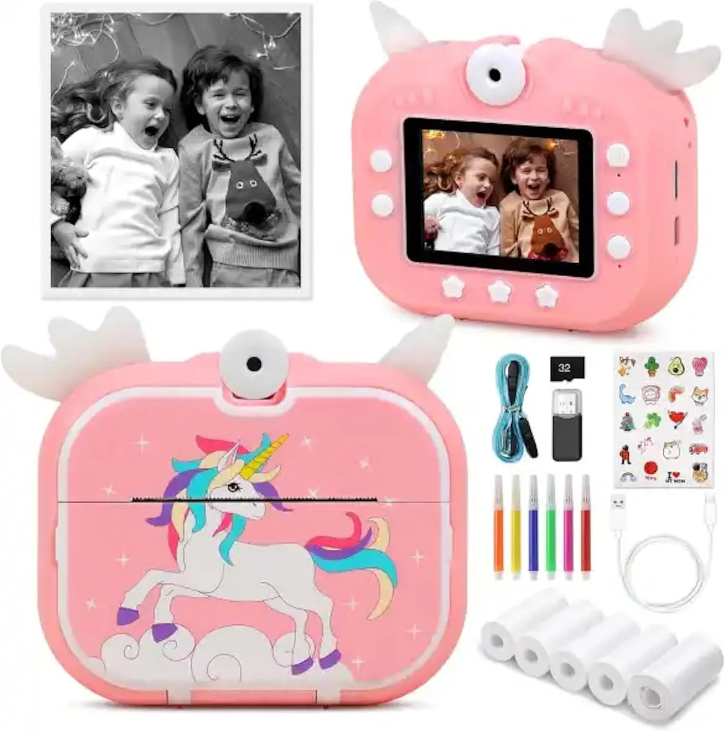 دوربین چاپ فوری کودکانه - طرح تک شاخ، فیلمبرداری 1080p HD، زوم 16 برابر، لنز چرخشی برای سلفی، استیکر، قلم، کارت حافظه 32 گیگابایتی، کاغذ چاپ - هدیه ای سرگرم کننده و بادوام برای کودکان 3-14 ساله