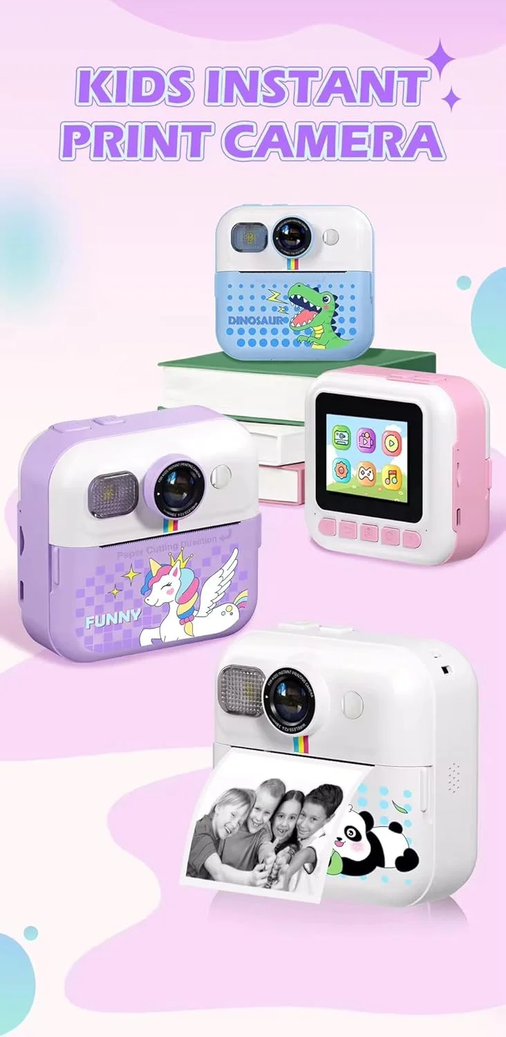 دوربین دیجیتال HD مدل CP02 مناسب کودکان با چاپ حرارتی فوری، صفحه نمایش 2.4 اینچی، باتری 1500 میلی آمپر، نقاشی دیواری سرگرم کننده، بازی های پازل و موسیقی - هدیه ای خلاقانه و عالی برای دختران و پسران 3 تا 14 سال (صورتی)