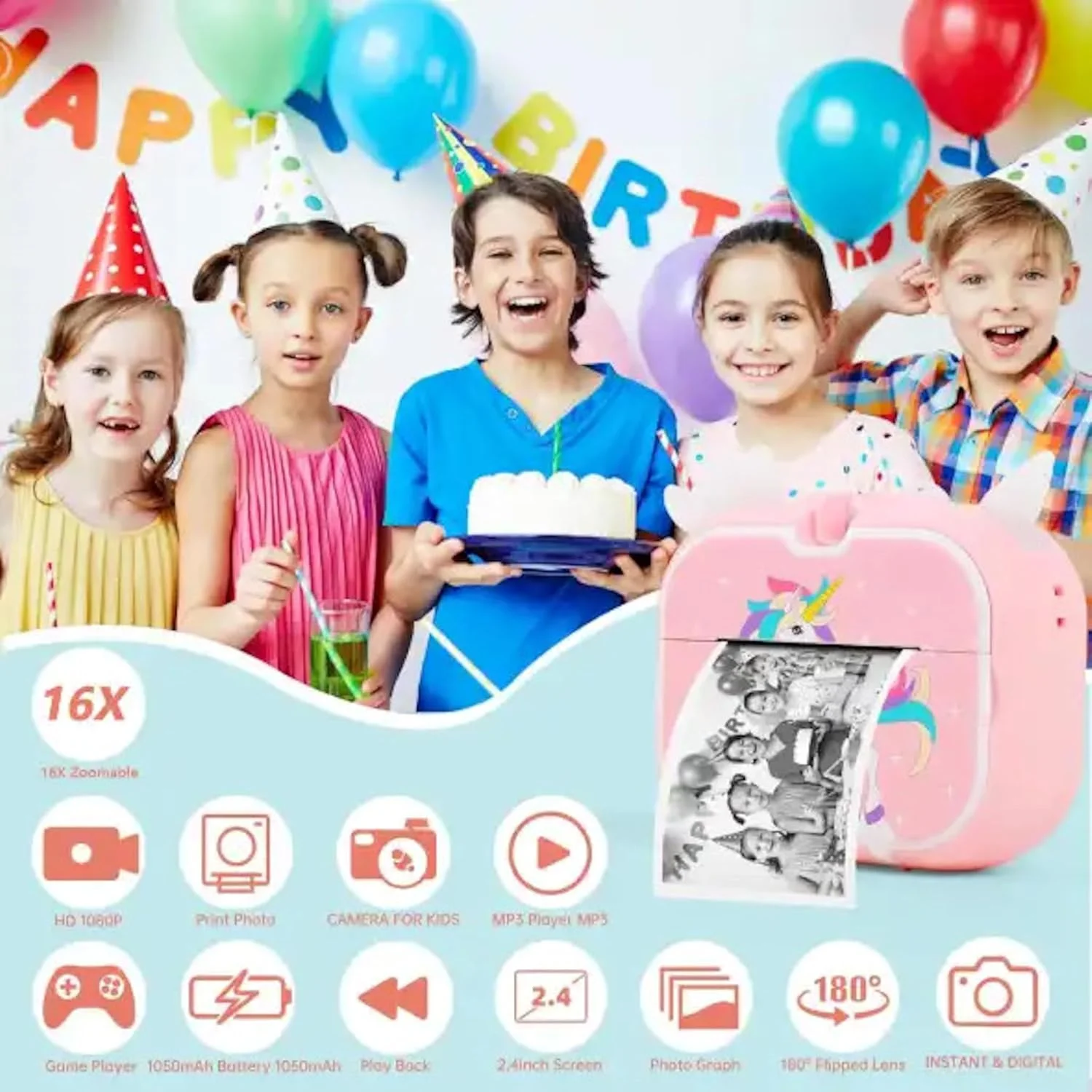 دوربین چاپ فوری کودکانه - طرح تک شاخ، فیلمبرداری 1080p HD، زوم 16 برابر، لنز چرخشی برای سلفی، استیکر، قلم، کارت حافظه 32 گیگابایتی، کاغذ چاپ - هدیه ای سرگرم کننده و بادوام برای کودکان 3-14 ساله