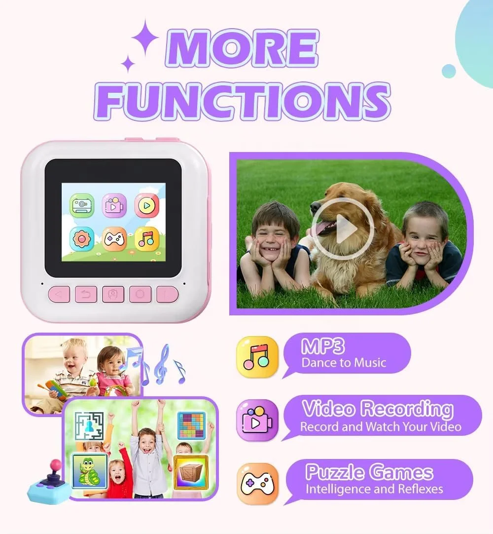 دوربین دیجیتال HD مدل CP02 مناسب کودکان با چاپ حرارتی فوری، صفحه نمایش 2.4 اینچی، باتری 1500 میلی آمپر، نقاشی دیواری سرگرم کننده، بازی های پازل و موسیقی - هدیه ای خلاقانه و عالی برای دختران و پسران 3 تا 14 سال (صورتی)