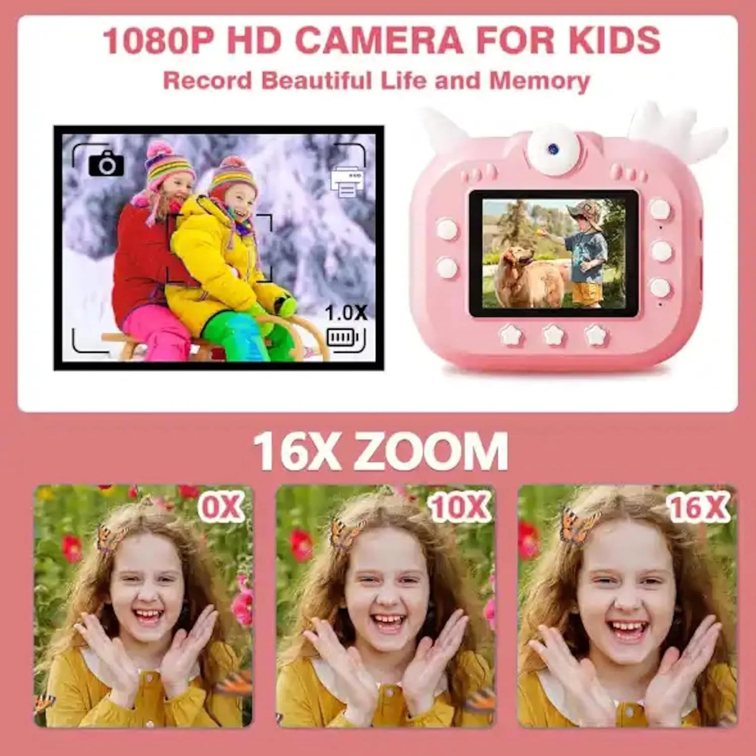 دوربین چاپ فوری کودکانه - طرح تک شاخ، فیلمبرداری 1080p HD، زوم 16 برابر، لنز چرخشی برای سلفی، استیکر، قلم، کارت حافظه 32 گیگابایتی، کاغذ چاپ - هدیه ای سرگرم کننده و بادوام برای کودکان 3-14 ساله