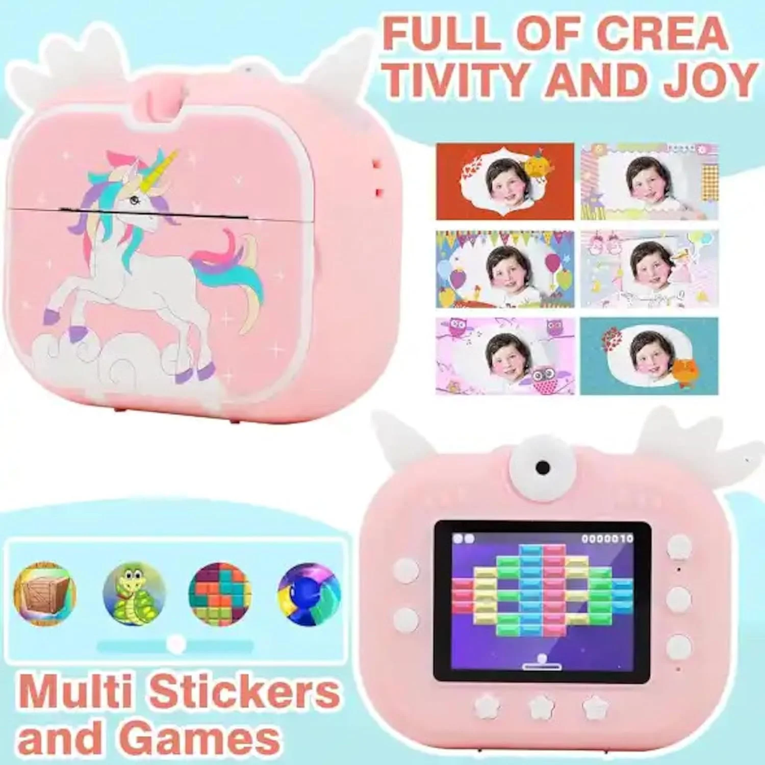 دوربین چاپ فوری کودکانه - طرح تک شاخ، فیلمبرداری 1080p HD، زوم 16 برابر، لنز چرخشی برای سلفی، استیکر، قلم، کارت حافظه 32 گیگابایتی، کاغذ چاپ - هدیه ای سرگرم کننده و بادوام برای کودکان 3-14 ساله