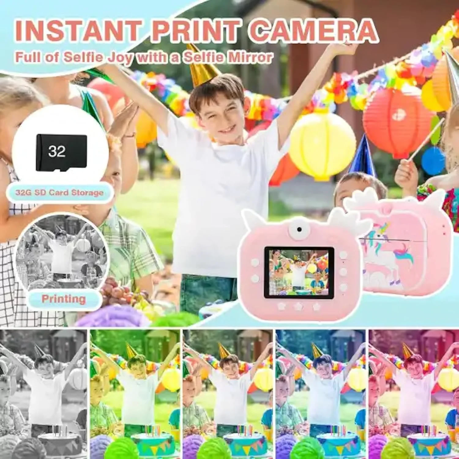 دوربین چاپ فوری کودکانه - طرح تک شاخ، فیلمبرداری 1080p HD، زوم 16 برابر، لنز چرخشی برای سلفی، استیکر، قلم، کارت حافظه 32 گیگابایتی، کاغذ چاپ - هدیه ای سرگرم کننده و بادوام برای کودکان 3-14 ساله