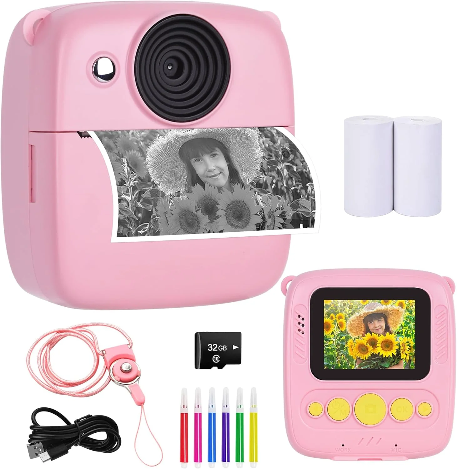 دوربین چاپ فوری برای کودکان، دوربین دیجیتال HD قابل حمل برای کودکان نوپا با صفحه نمایش 2.0 اینچی IPS، فیلم 1080P، زوم دیجیتال 16X، هدیه تولد کریسمس برای دختران و پسران 3-12 ساله (صورتی)