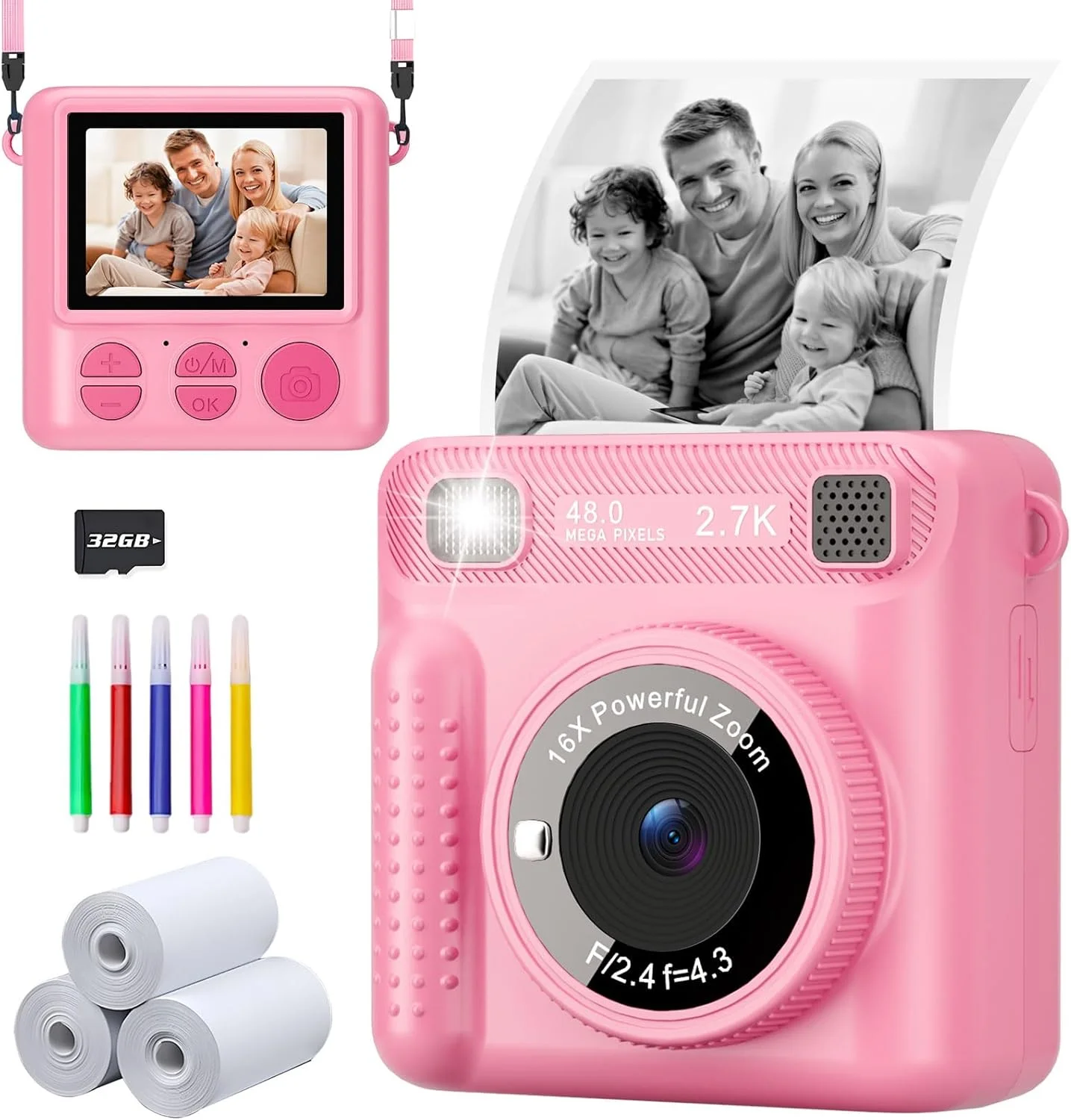 دوربین چاپ فوری کودکان LENND، دوربین فوری برای دختران و پسران، اسباب بازی دوربین کودکان برای کودکان نوپا دوربین دیجیتال سلفی 1080P HD با کاغذ چاپ و کارت 32G، هدیه تولد برای دختران 3-12 ساله