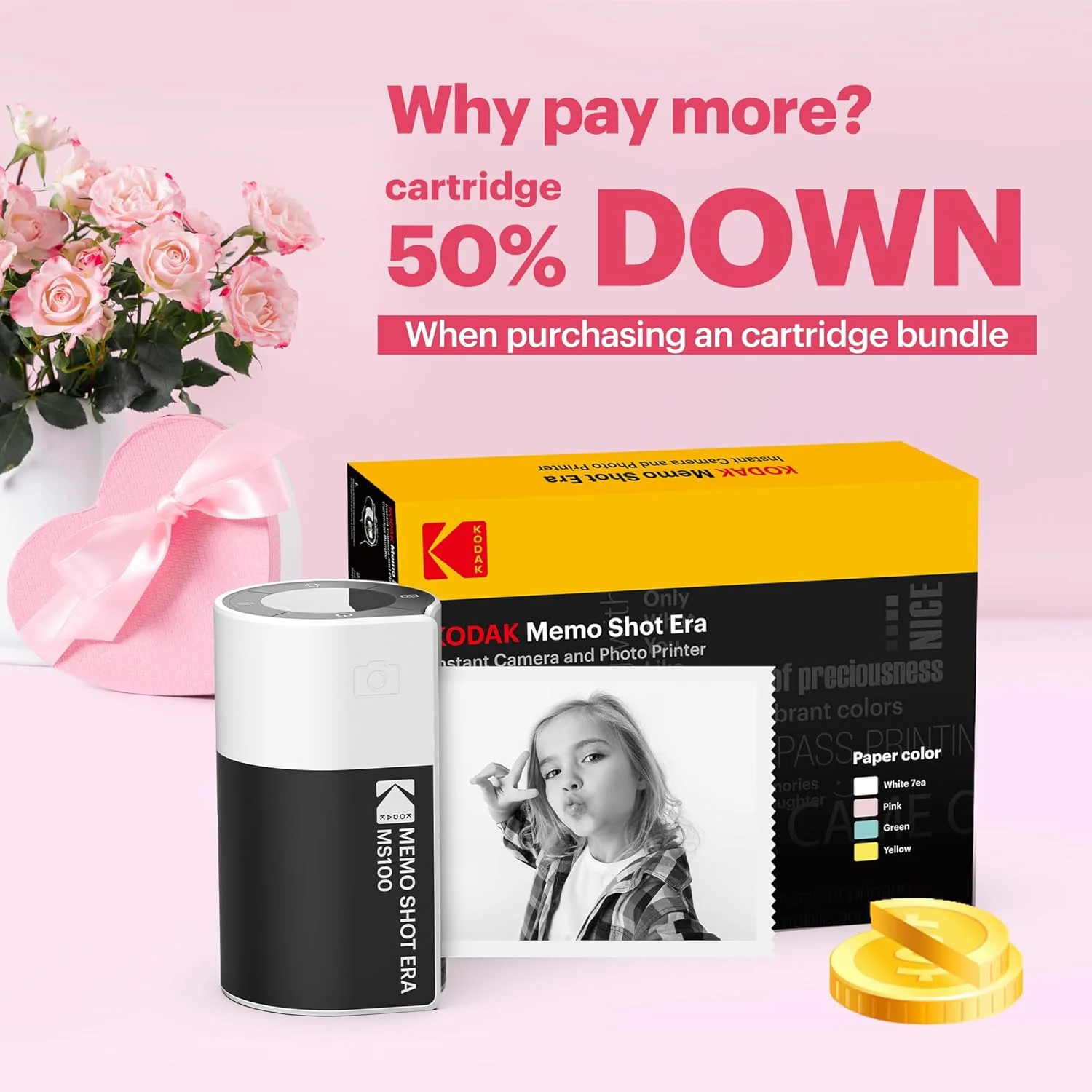 دوربین دیجیتال فوری و سازنده برچسب کودکانه KODAK Memo Shot ERA، سفید (دوربین با 1 رول کارتریج برچسب تک لمسی + مجموعه 9 رول کارتریج)