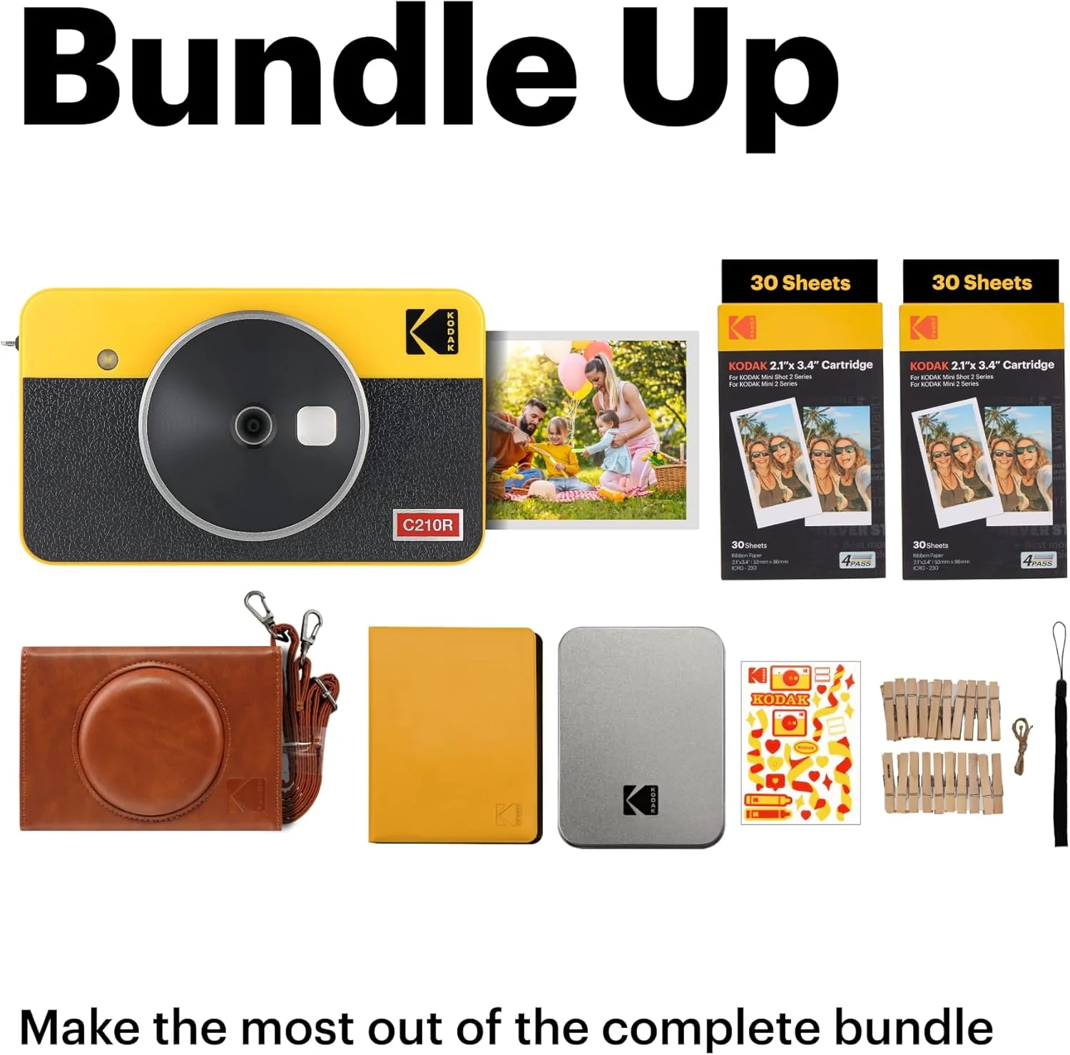 دوربین دیجیتال فوری و پرینتر عکس کداک مدل Mini Shot 2 Retro 4PASS (سایز 2.1x3.4 اینچ) به همراه 8 شیت اولیه + بسته هدیه 60 شیتی، سفید