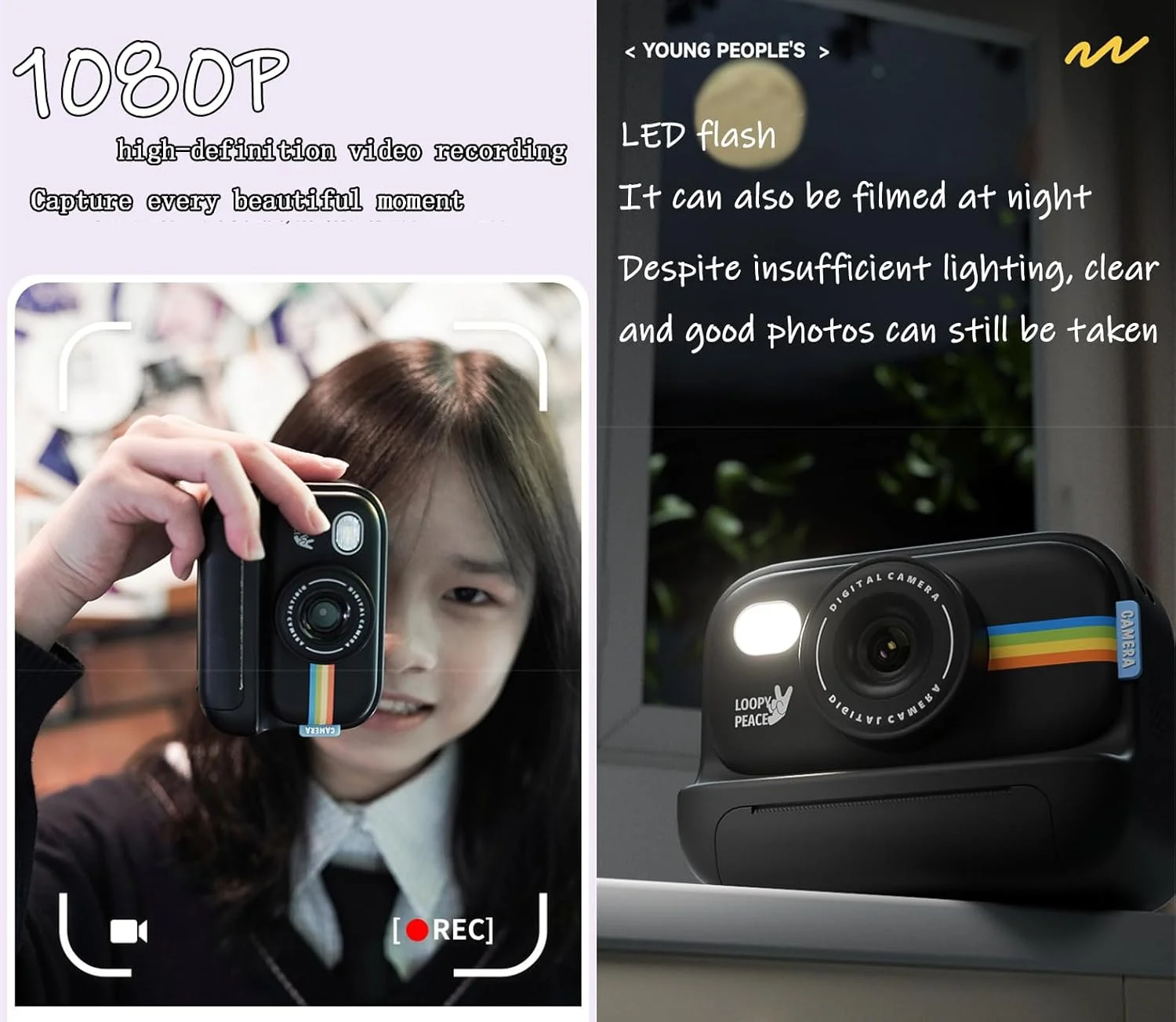 دوربین چاپ فوری کودکانه، دوربین چاپ فوری 1080P برای کودکان به همراه کارت حافظه و 3 رول کاغذ چاپ، دوربین دیجیتال سلفی کودکانه، اسباب بازی های سرگرم کننده هدیه برای پسران و دختران 3-12 ساله (مشکی)