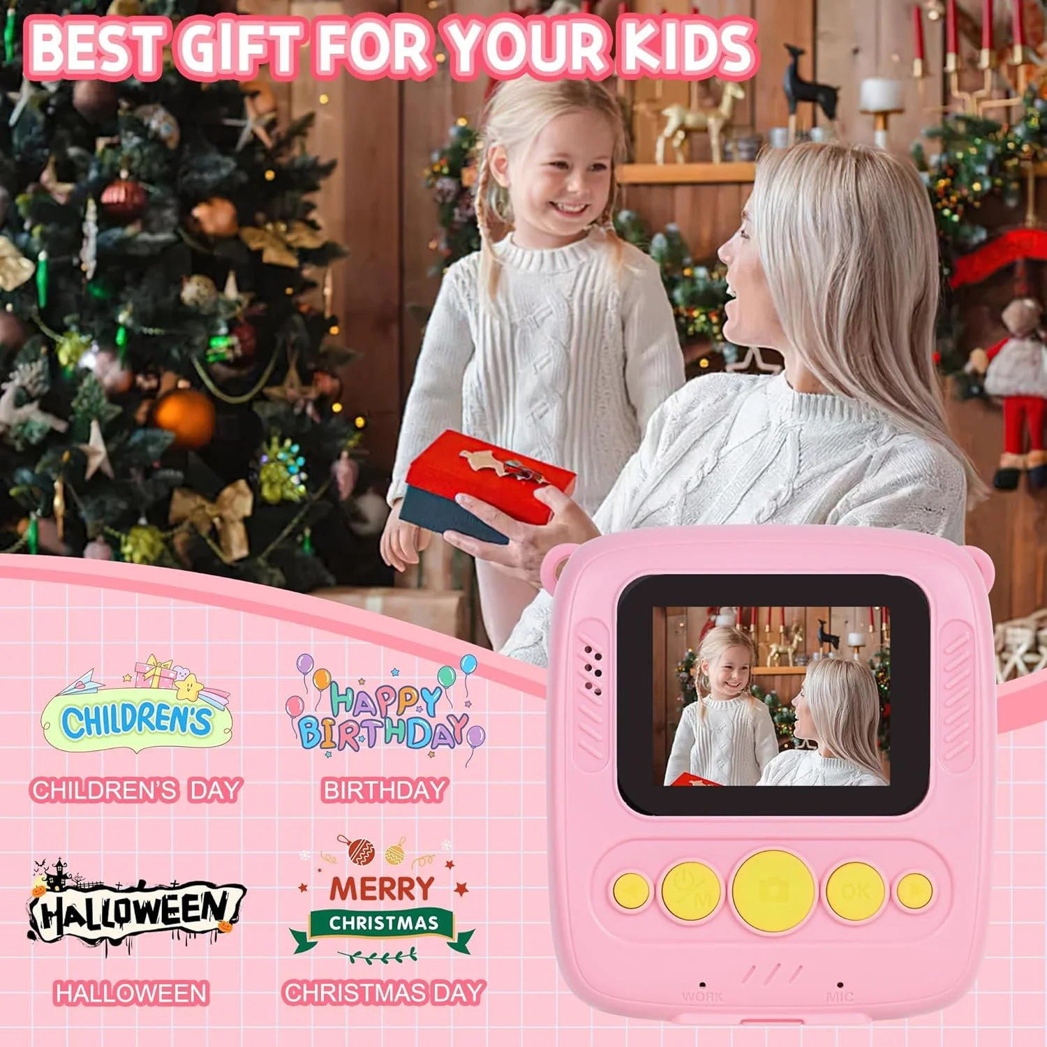 دوربین چاپ فوری برای کودکان، دوربین دیجیتال HD قابل حمل برای کودکان نوپا با صفحه نمایش 2.0 اینچی IPS، فیلم 1080P، زوم دیجیتال 16X، هدیه تولد کریسمس برای دختران و پسران 3-12 ساله (صورتی)