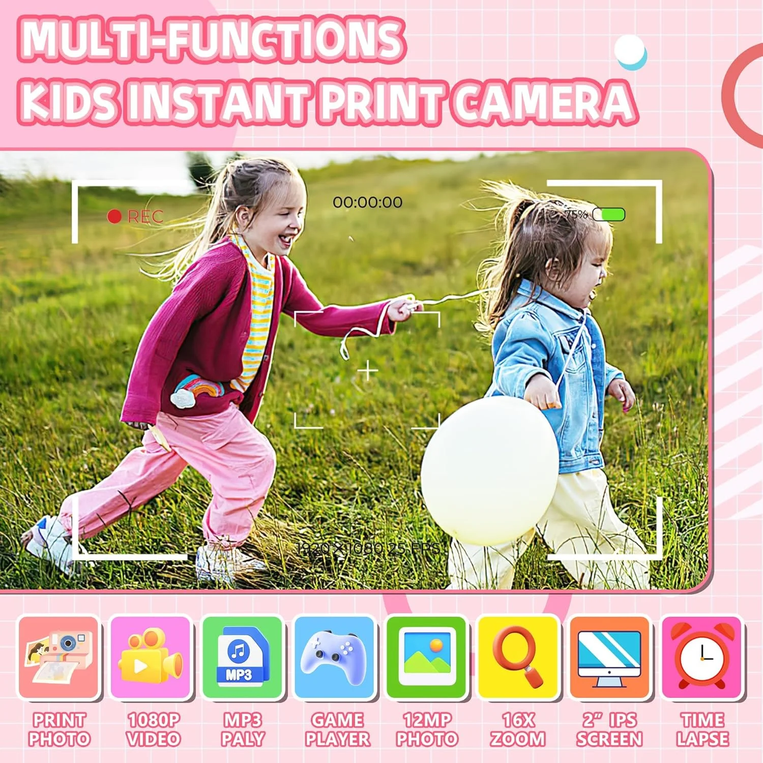 دوربین چاپ فوری برای کودکان، دوربین دیجیتال HD قابل حمل برای کودکان نوپا با صفحه نمایش 2.0 اینچی IPS، فیلم 1080P، زوم دیجیتال 16X، هدیه تولد کریسمس برای دختران و پسران 3-12 ساله (صورتی)