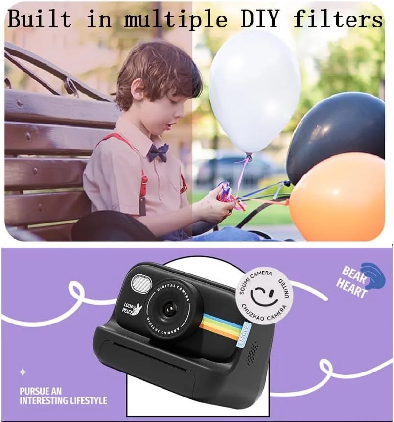 دوربین چاپ فوری کودکانه، دوربین چاپ فوری 1080P برای کودکان به همراه کارت حافظه و 3 رول کاغذ چاپ، دوربین دیجیتال سلفی کودکانه، اسباب بازی های سرگرم کننده هدیه برای پسران و دختران 3-12 ساله (مشکی)