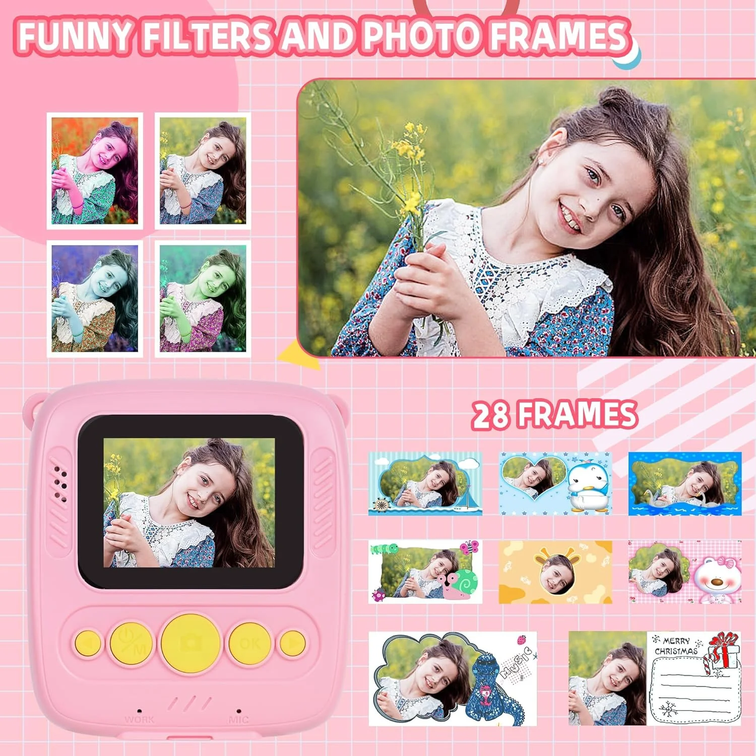 دوربین چاپ فوری برای کودکان، دوربین دیجیتال HD قابل حمل برای کودکان نوپا با صفحه نمایش 2.0 اینچی IPS، فیلم 1080P، زوم دیجیتال 16X، هدیه تولد کریسمس برای دختران و پسران 3-12 ساله (صورتی)