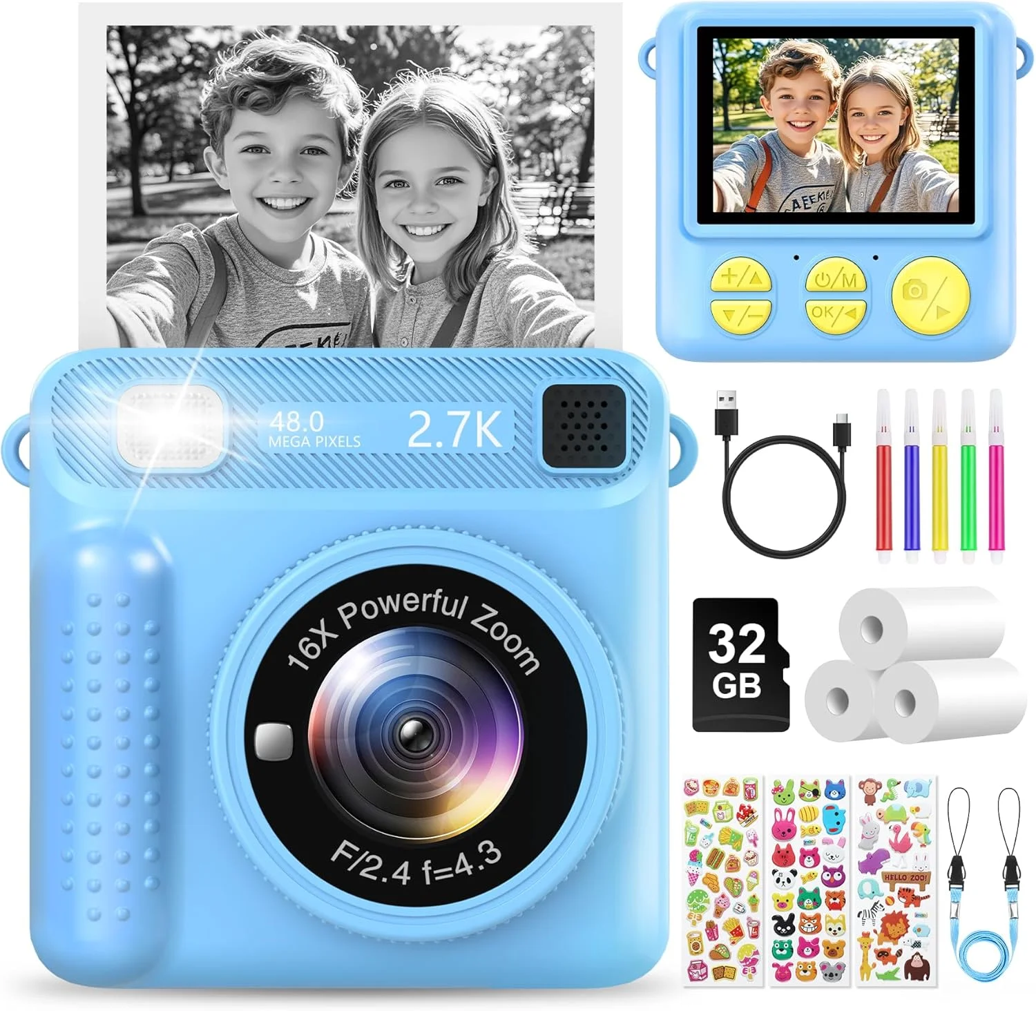 دوربین چاپ فوری کودکانه LUVTOY، دوربین کودکانه 1080P با صفحه نمایش 2.4 اینچی به همراه کارت 32 گیگابایتی و کاغذ چاپ، هدیه تولد و کریسمس اسباب بازی کودکانه برای پسران و دختران 3 تا 12 سال