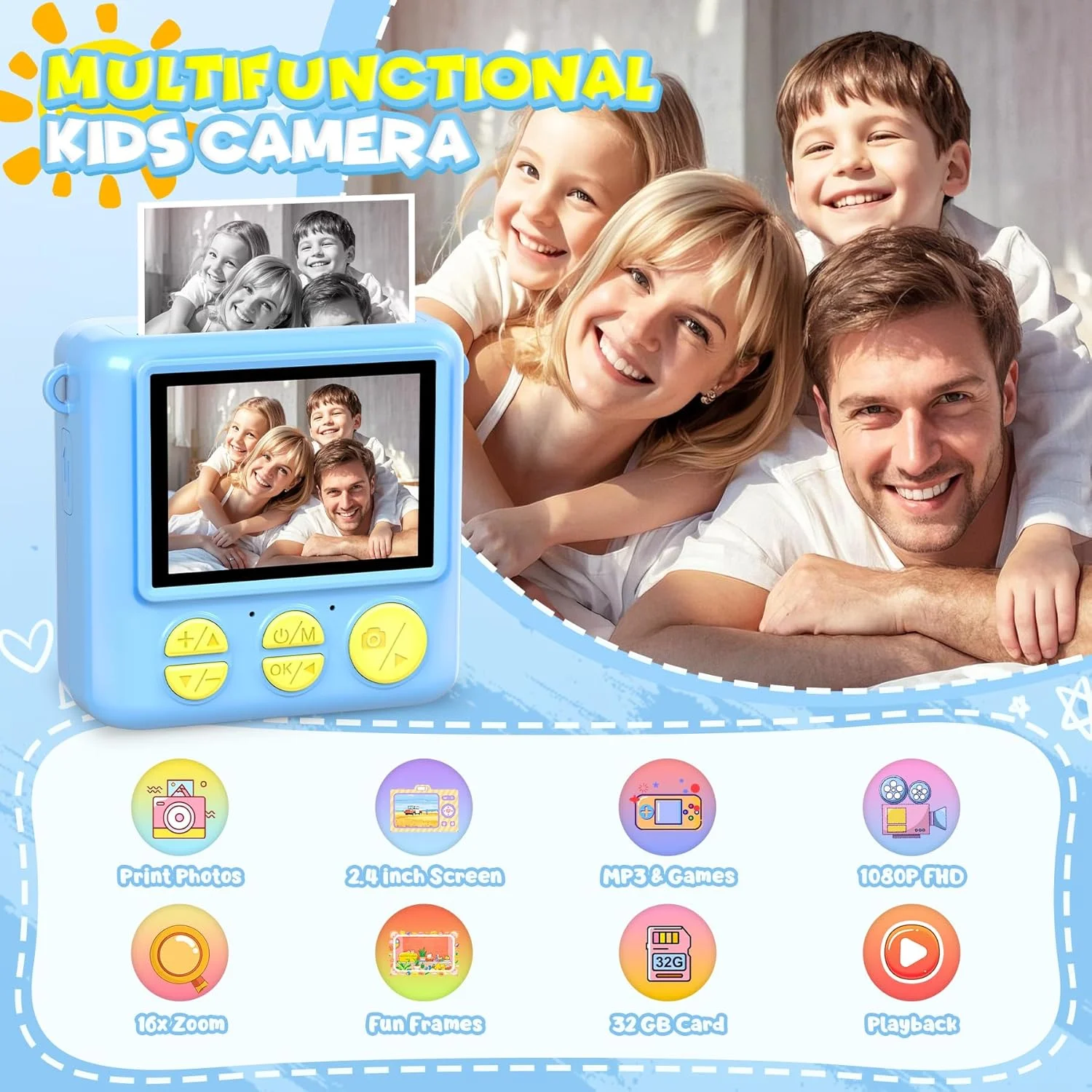 دوربین چاپ فوری کودکانه LUVTOY، دوربین کودکانه 1080P با صفحه نمایش 2.4 اینچی به همراه کارت 32 گیگابایتی و کاغذ چاپ، هدیه تولد و کریسمس اسباب بازی کودکانه برای پسران و دختران 3 تا 12 سال