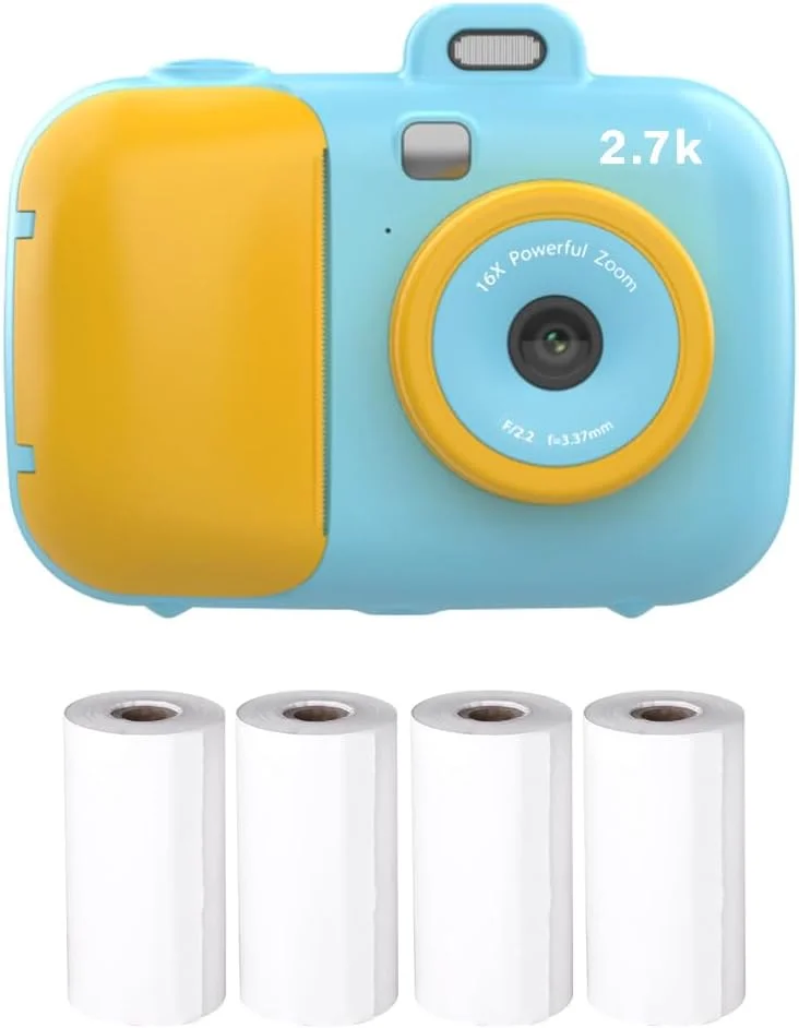 دوربین فوری چاپ کودکانه Lilestore 2.7K با کیفیت 42 مگاپیکسل، دوربین دیجیتال کودکانه با صفحه نمایش 2.4 اینچی IPS، زوم دیجیتال 16 برابر، فیلترهای جذاب، قابلیت فیلمبرداری به همراه 4 رول کاغذ چاپ و بند گردنی