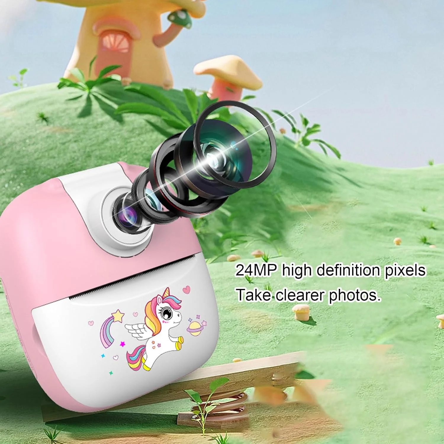 دوربین چاپ فوری کوچک Luqeeg، لنز چرخش 180 درجه 24 مگاپیکسلی، دوربین دیجیتال سلفی ویدیویی 1080P با پخش کننده موسیقی، بازی ها و 1 رول کاغذ چاپ برای جشنواره کودکان، کریسمس، تولد