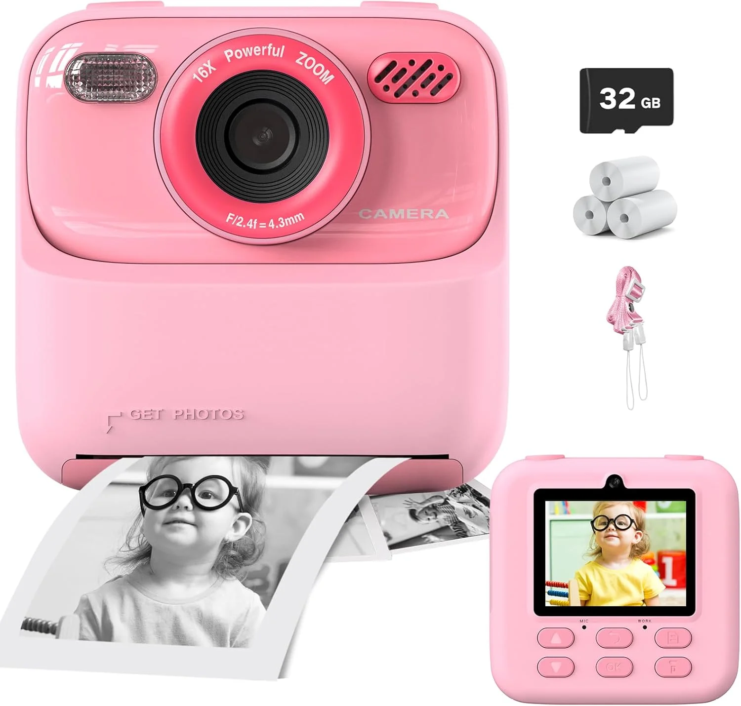 دوربین فوری کودکانه، دوربین دیجیتال برای دختران و پسران، دوربین کودکانه 1080P، اسباب بازی دوربین فوری، هدیه برای کودکان 3-14 ساله، با 3 رول کاغذ عکس چاپی و کارت 32 گیگابایتی، صورتی