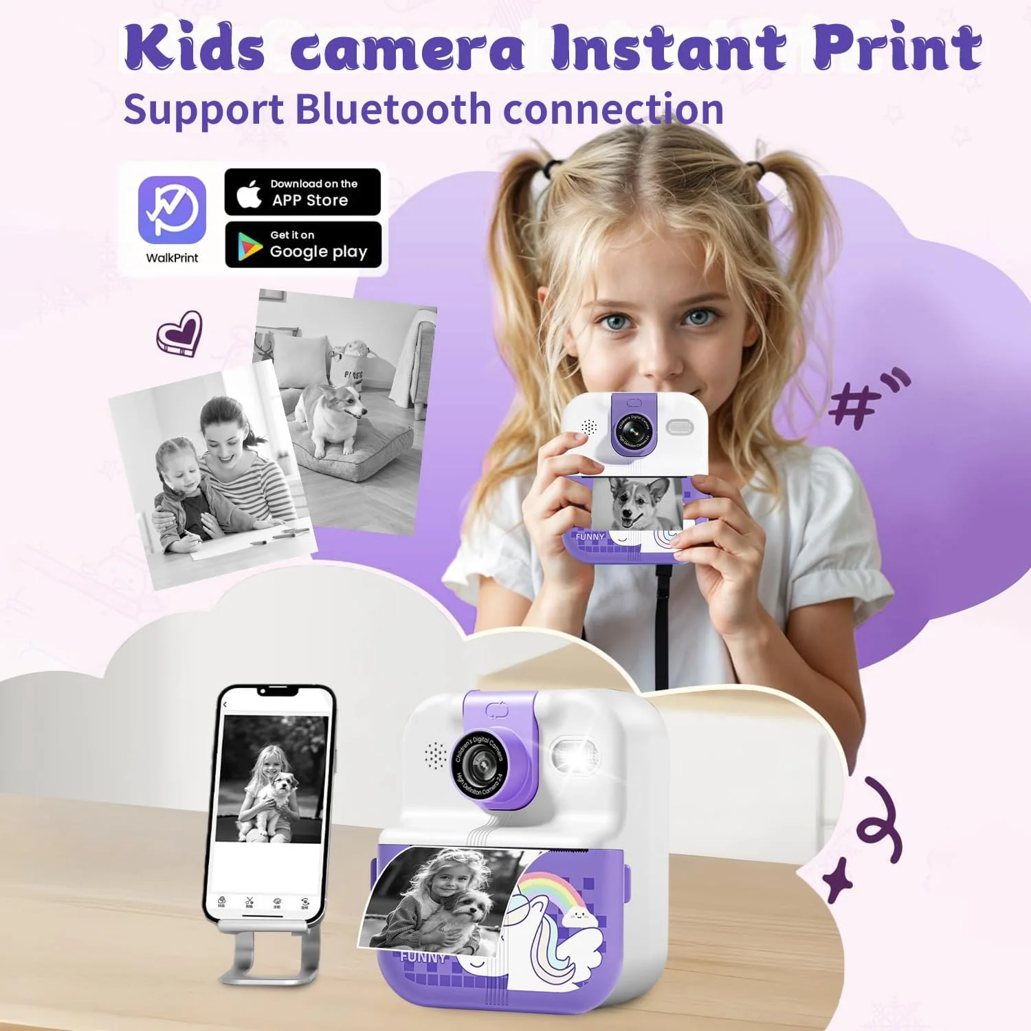 دوربین چاپ فوری بلوتوثی کودکان Masroo، دوربین مینی 1080P برای دختران و پسران نوپا، دوربین دیجیتال فوری قابل حمل DIY برای کودکان، اسباب بازی های هدیه ایده جالب، دوربین قابل چاپ برای تلفن و تبلت (بنفش)