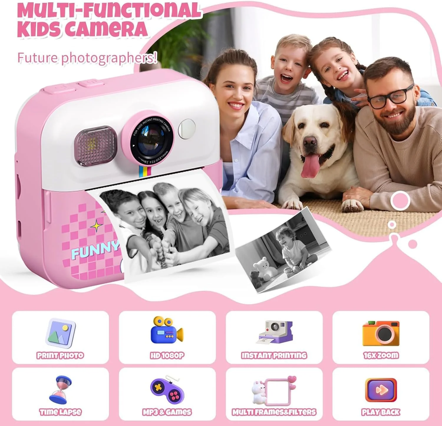 دوربین چاپ فوری کودکانه Masroo، دوربین کودکانه با قابلیت چاپ عکس، اسباب بازی دوربین کودکانه برای کودکان 3 تا 14 سال، هدیه تولد دوربین دیجیتال برای دختران 4، 5، 6، 7، 8، 9، 10، 11، 12، 13 ساله (صورتی)