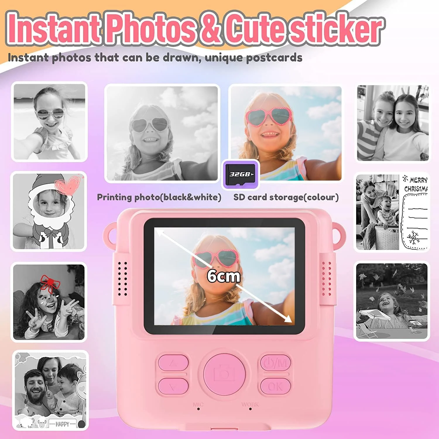 دوربین چاپ فوری برای کودکان، هدیه تولد کریسمس برای دختران و پسران 3-12 ساله، دوربین های فیلمبرداری دیجیتال HD برای کودکان نوپا، اسباب بازی قابل حمل برای دختران 4 5 6 7 8 9 10 ساله با کارت SD 32 گیگابایتی - بنفش