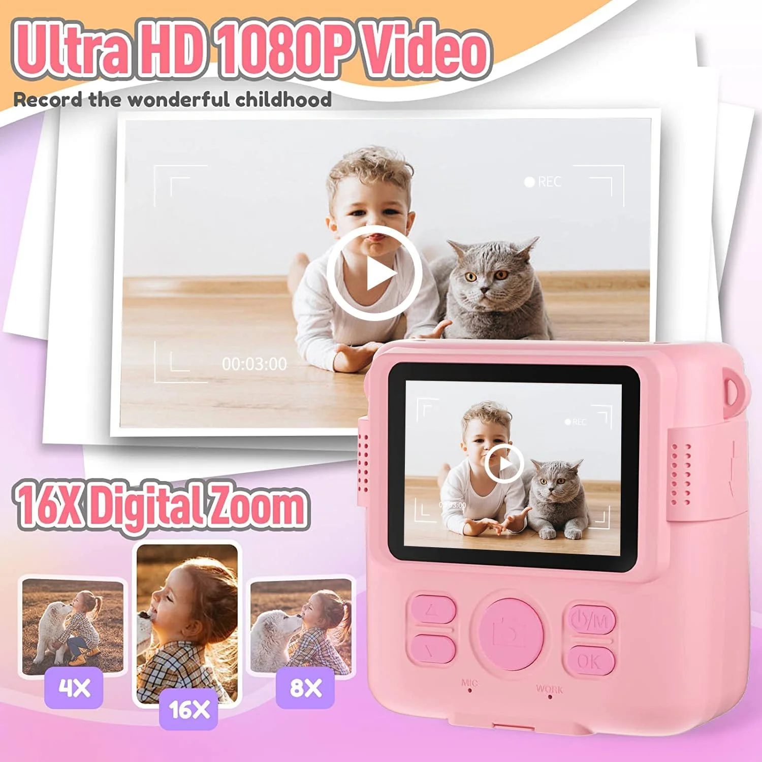 دوربین چاپ فوری برای کودکان، هدیه تولد کریسمس برای دختران و پسران 3-12 ساله، دوربین های فیلمبرداری دیجیتال HD برای کودکان نوپا، اسباب بازی قابل حمل برای دختران 4 5 6 7 8 9 10 ساله با کارت SD 32 گیگابایتی - بنفش
