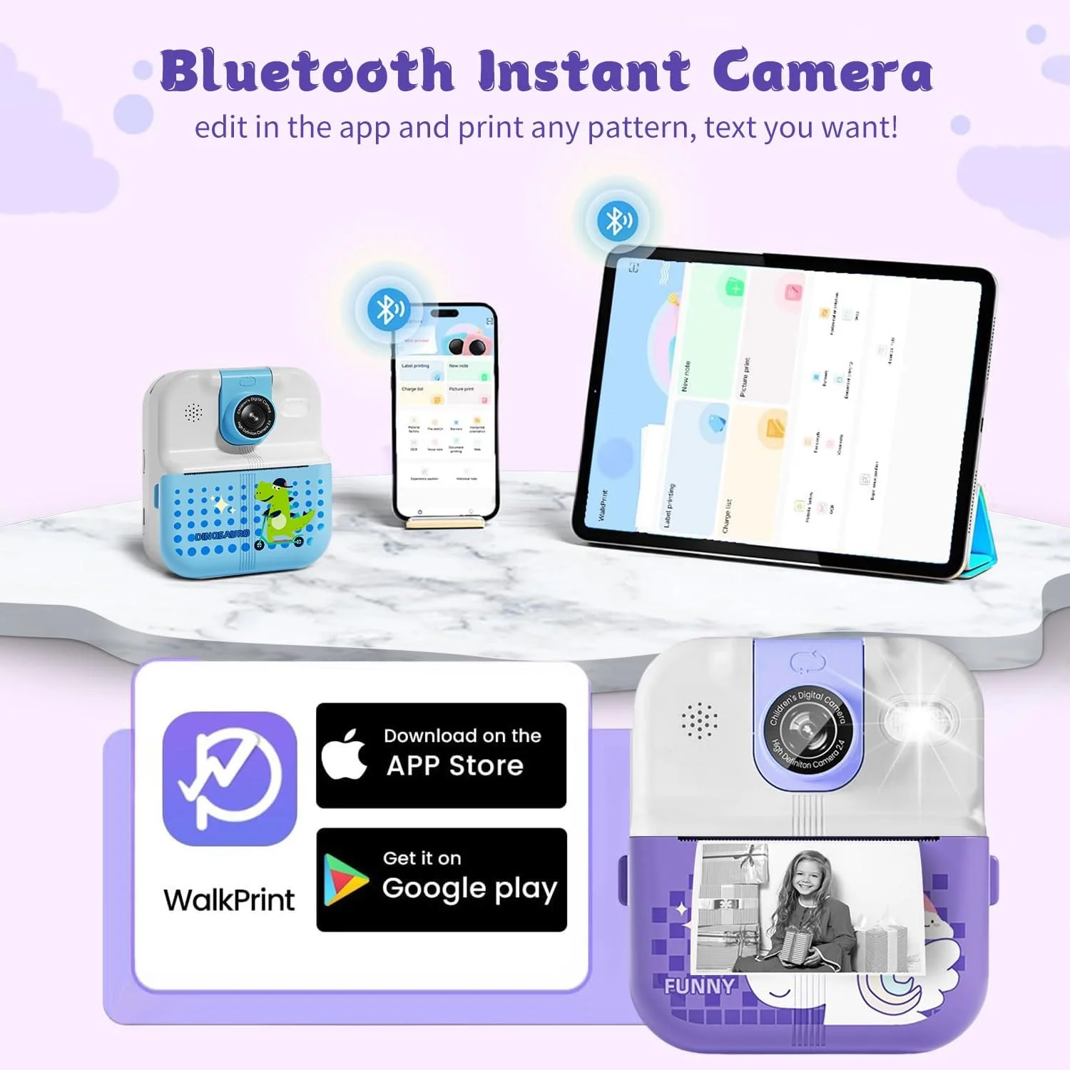 دوربین چاپ فوری بلوتوثی کودکان Masroo، دوربین مینی 1080P برای دختران و پسران نوپا، دوربین دیجیتال فوری قابل حمل DIY برای کودکان، اسباب بازی های هدیه ایده جالب، دوربین قابل چاپ برای تلفن و تبلت (بنفش)