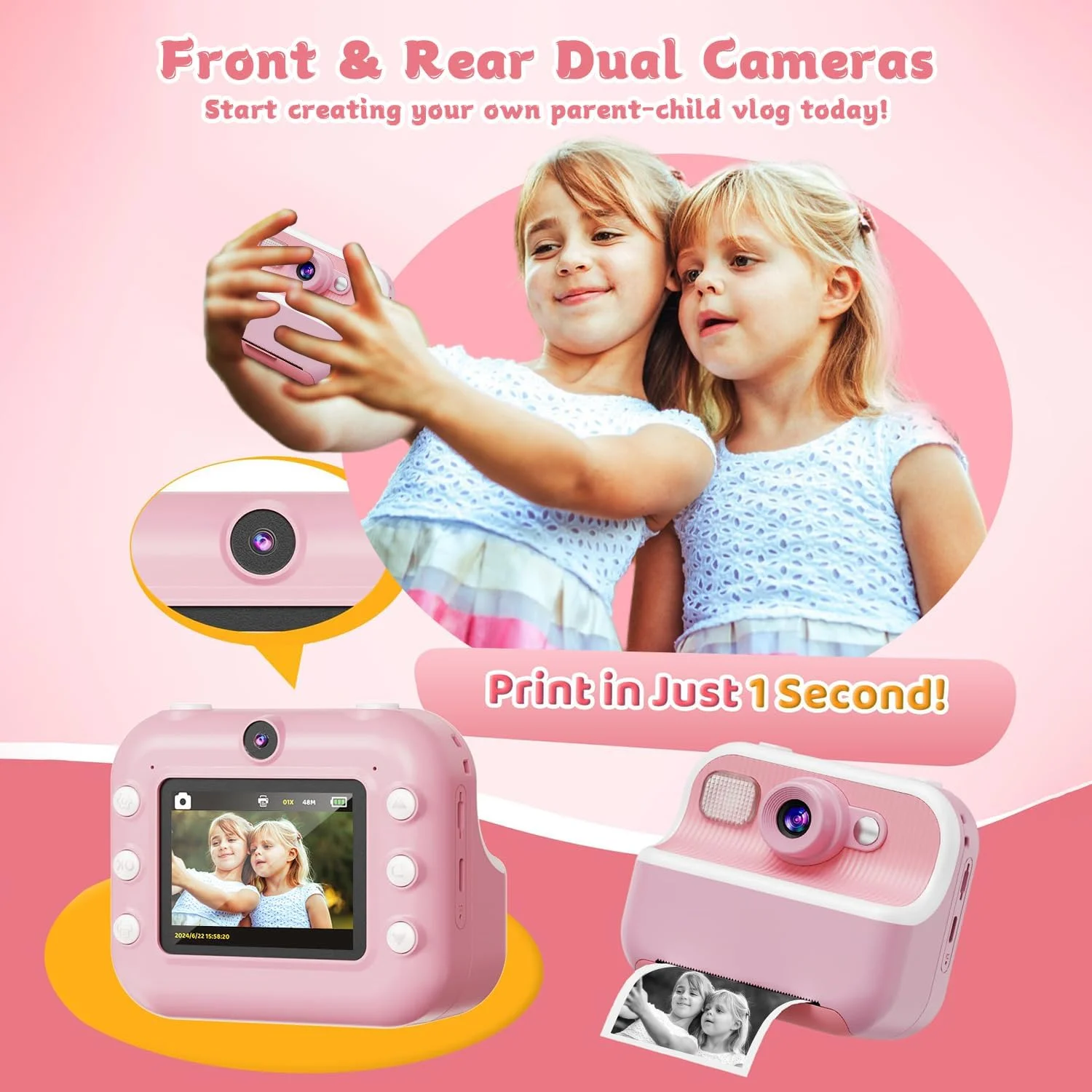 دوربین فوری Masroo، دوربین دوگانه سلفی جلو و عقب کودکان با فیلم های 1080P، هدیه تولد تعطیلات برای کودکان 3-12 ساله، اسباب بازی دوربین دیجیتال چاپ مسافرتی قابل حمل برای کودکان 4 5 6 7 8 9 ساله دختر و پسر