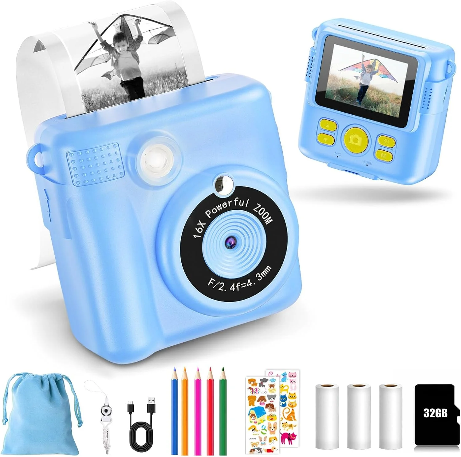 دوربین کودکانه NUOTUN - دوربین چاپ فوری دیجیتال 1080P - زوم دیجیتال 16 برابر صفحه نمایش 2.4 اینچی - کارت 32 گیگابایتی - 3 رول کاغذ چاپ - با کیف نگهداری هدیه کریسمس برای کودکان 3-12 سال