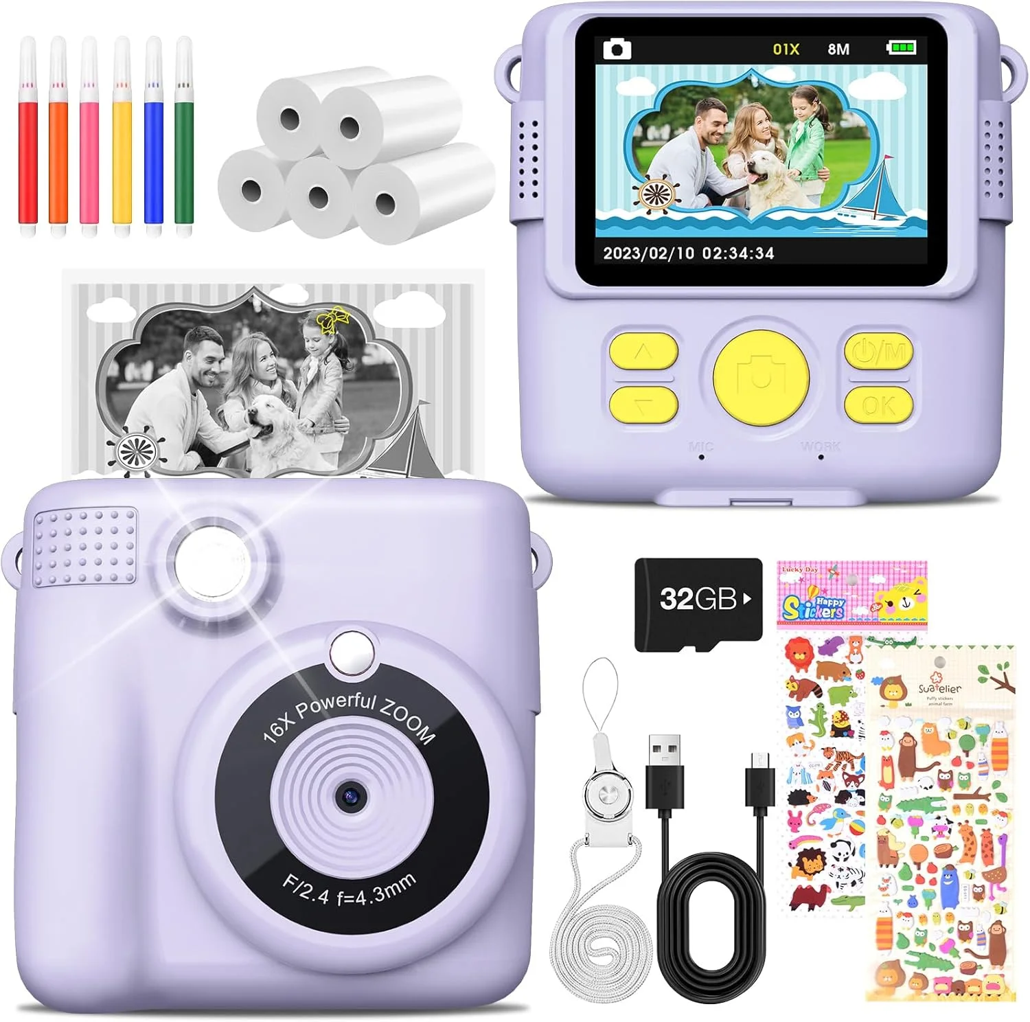 دوربین فوری کودکان دوربین دیجیتال 1080P با صفحه نمایش 2.4 اینچی به همراه 5 رول کاغذ چاپ، کارت 32 گیگابایتی، 6 قلم رنگی و 2 برچسب، هدیه ای برای کودکان (بنفش)