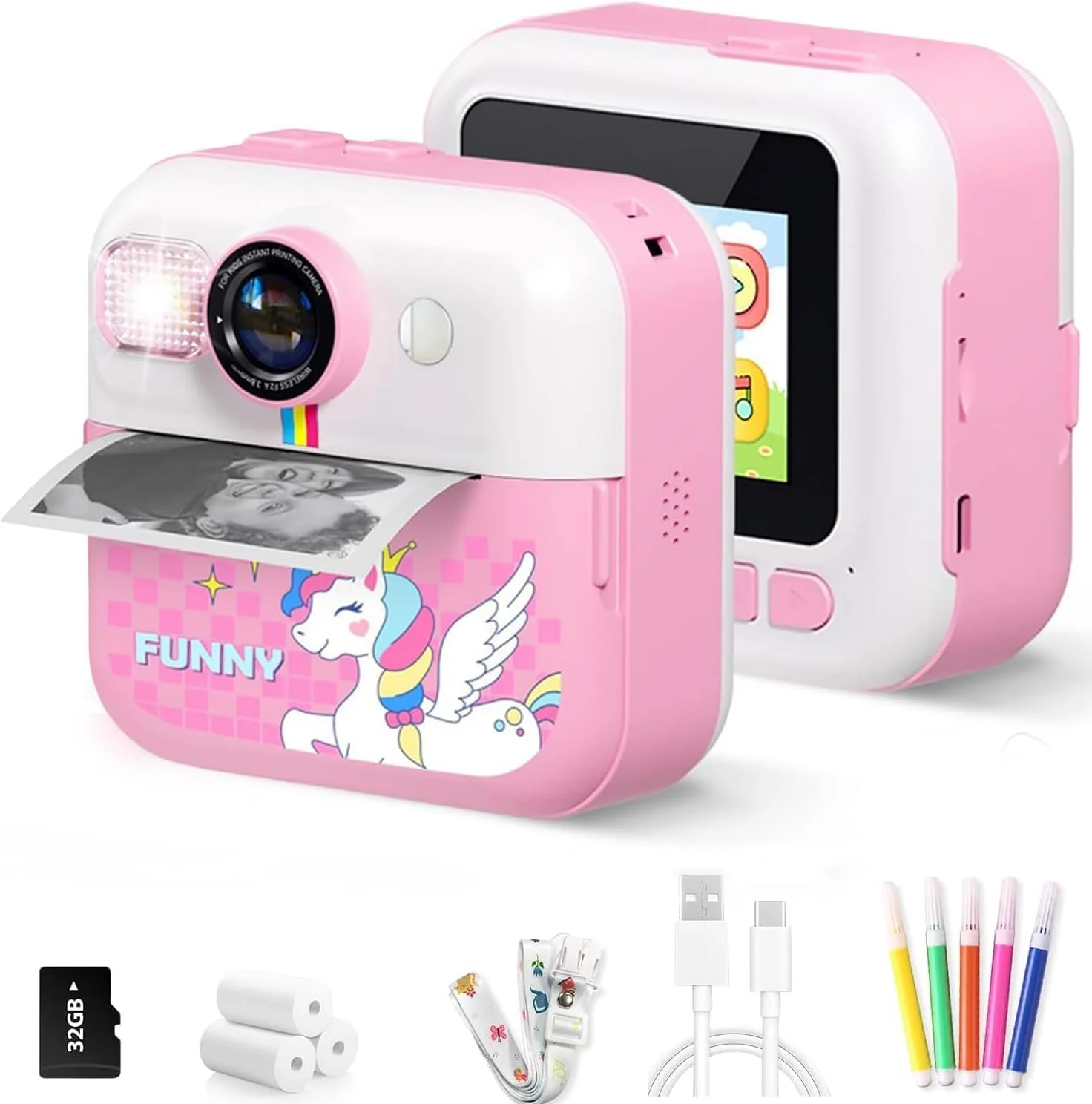دوربین چاپ فوری کودکانه، دوربین دیجیتال اسباب بازی با قابلیت چاپ عکس برای کودکان ۳ تا ۱۴ سال (صورتی)