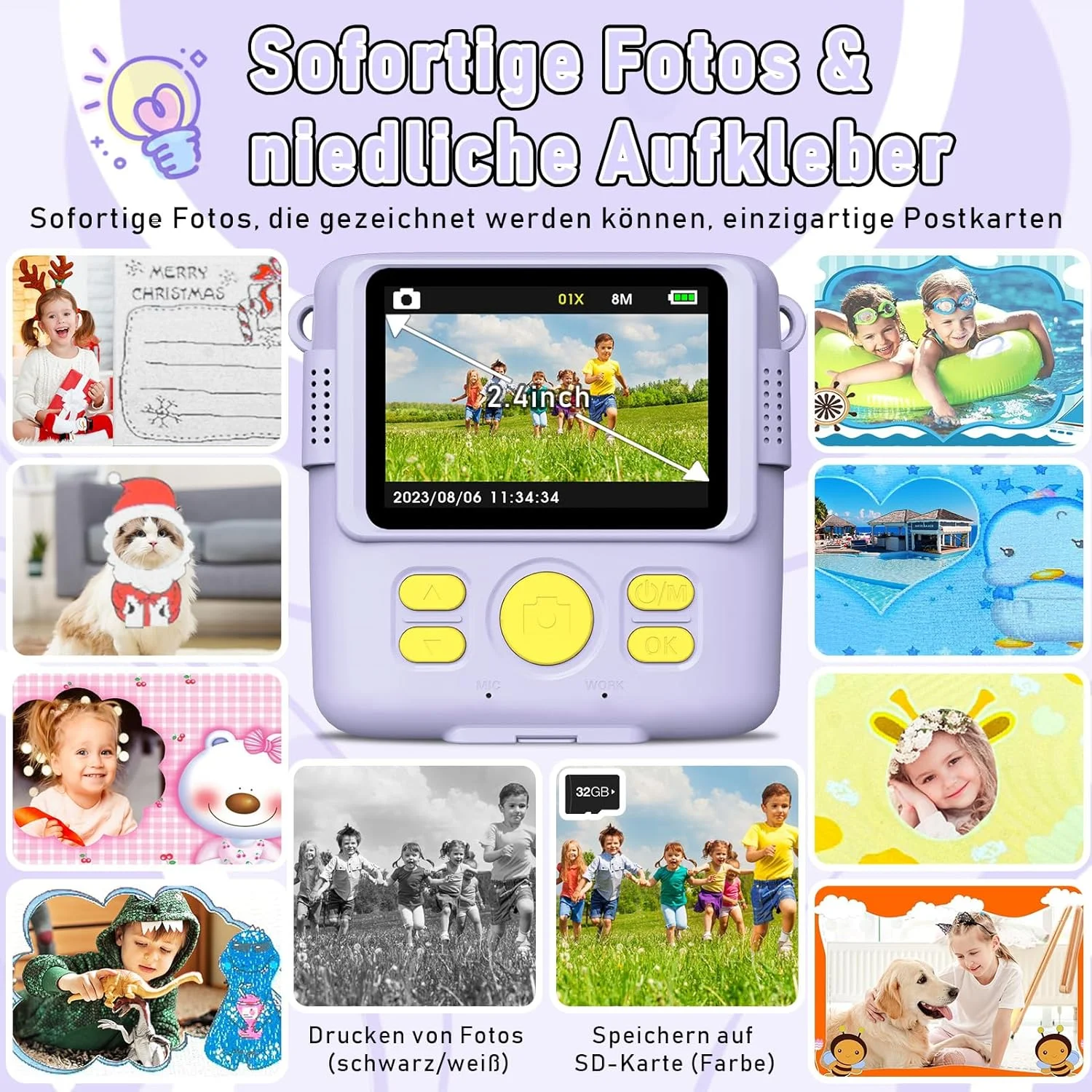 دوربین فوری کودکان دوربین دیجیتال 1080P با صفحه نمایش 2.4 اینچی به همراه 5 رول کاغذ چاپ، کارت 32 گیگابایتی، 6 قلم رنگی و 2 برچسب، هدیه ای برای کودکان (بنفش) دوربین فوری کودکان دوربین دیجیتال 1080P با صفحه نمایش 2.4 اینچی به همراه 5 رول کاغذ چاپ، کارت 32 گیگابایتی، 6 قلم رنگی و 2 برچسب، هدیه ای برای کودکان (بنفش)