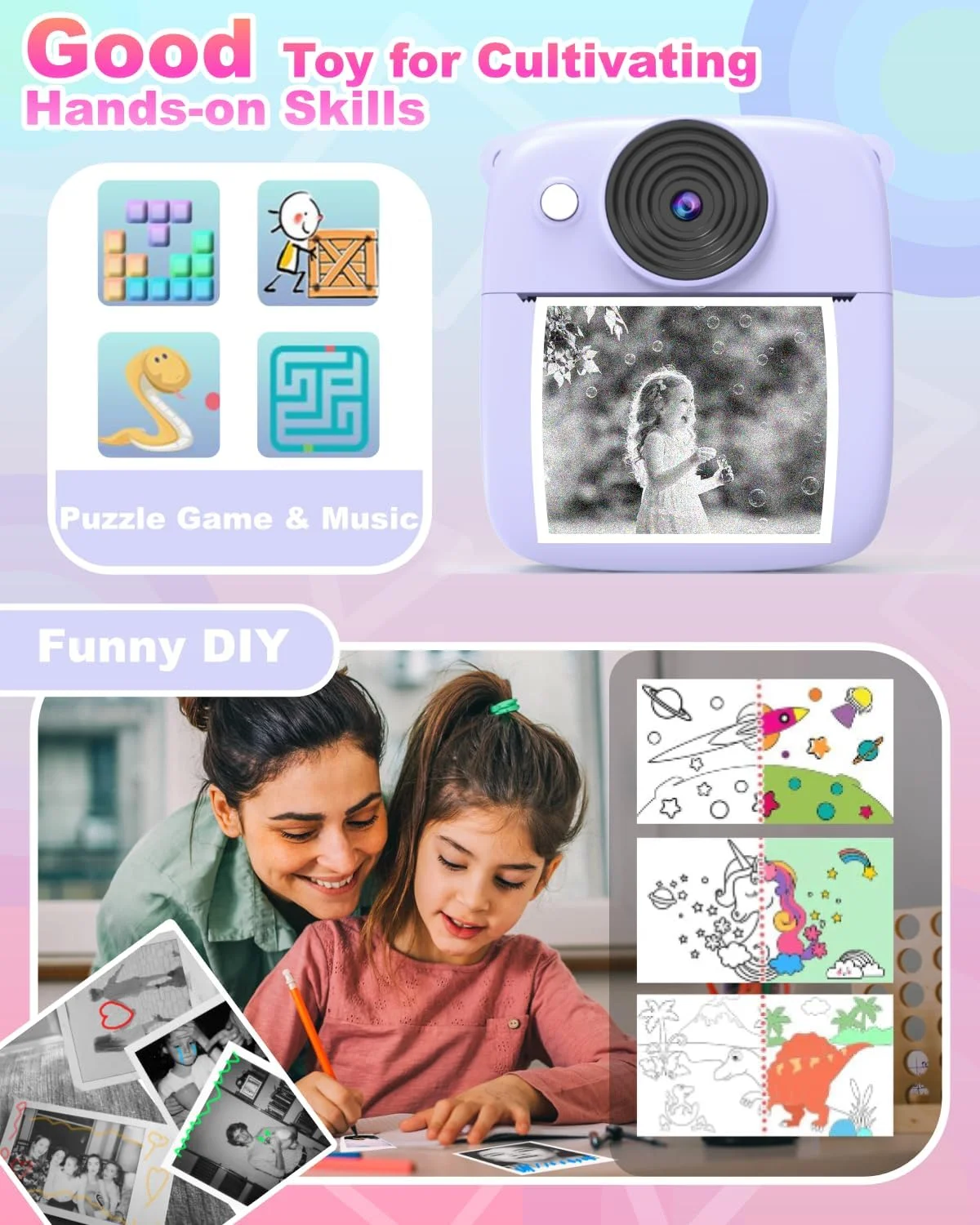 دوربین فوری کودکانه NUOTUN - زوم دیجیتال 8 برابر، صفحه نمایش 2.0 اینچی، به همراه کیف نگهداری، مناسب کودکان 3 تا 12 سال (بنفش)