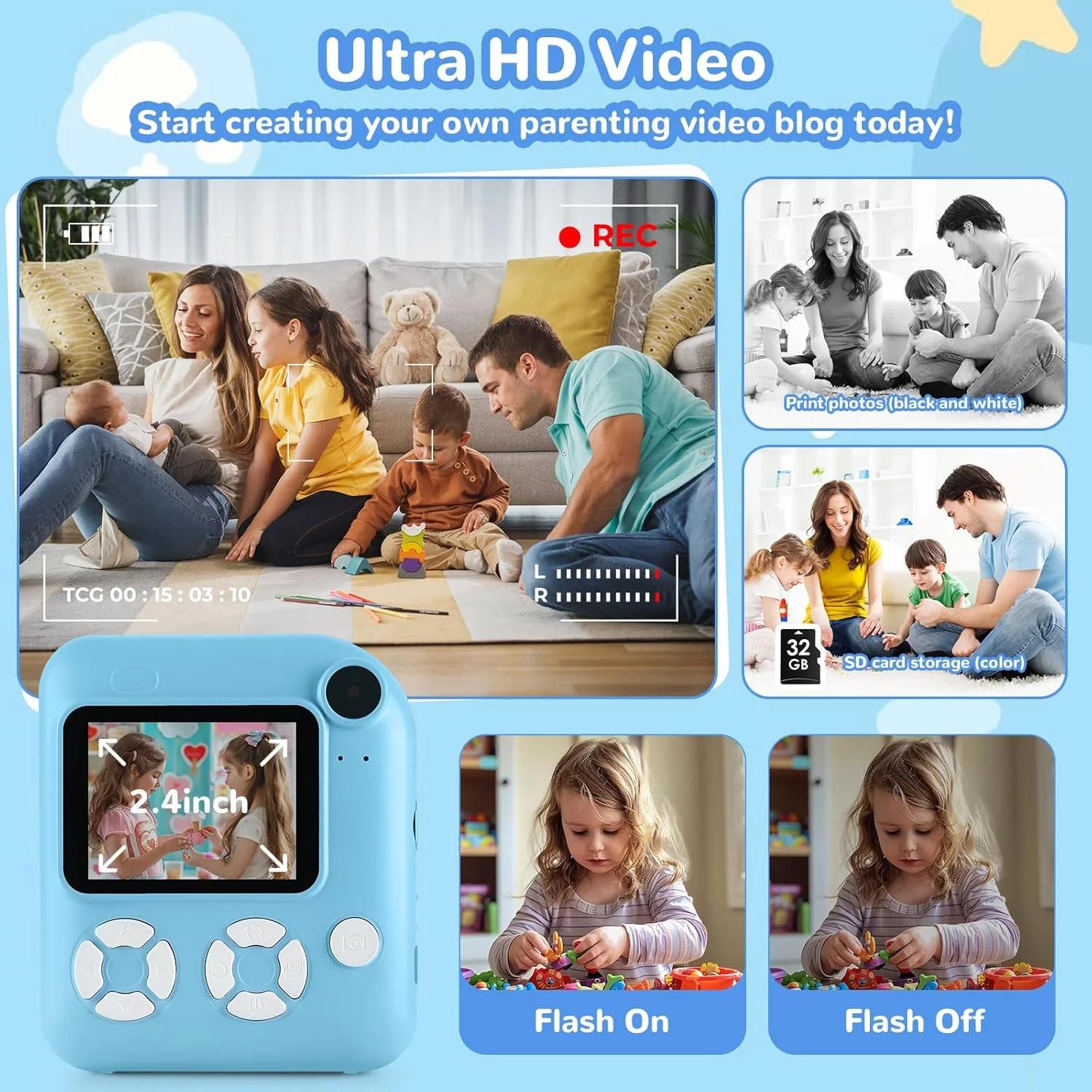 دوربین چاپ فوری کودکان Ocakuiter، اسباب بازی هدیه برای پسران و دختران 3-12 ساله، دوربین دیجیتال سلفی با فیلم های 1080P با کارت 32 گیگابایتی، دوربین مسافرتی قابل حمل کودکان نوپا