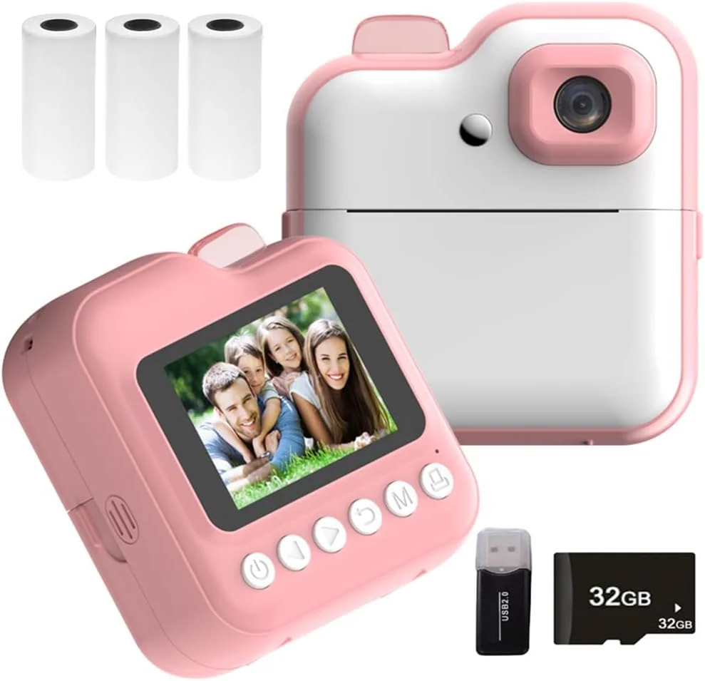 دوربین فوری چاپ حرارتی کودک پپیسکی، صفحه نمایش 2.4 اینچی، دوربین پشتی 48 مگاپیکسلی با نور RGB، پشتیبانی از تایمر، فیلمبرداری، چاپ حرارتی بدون جوهر با 3 رول کاغذ چاپ سفید + 32 گیگابایت