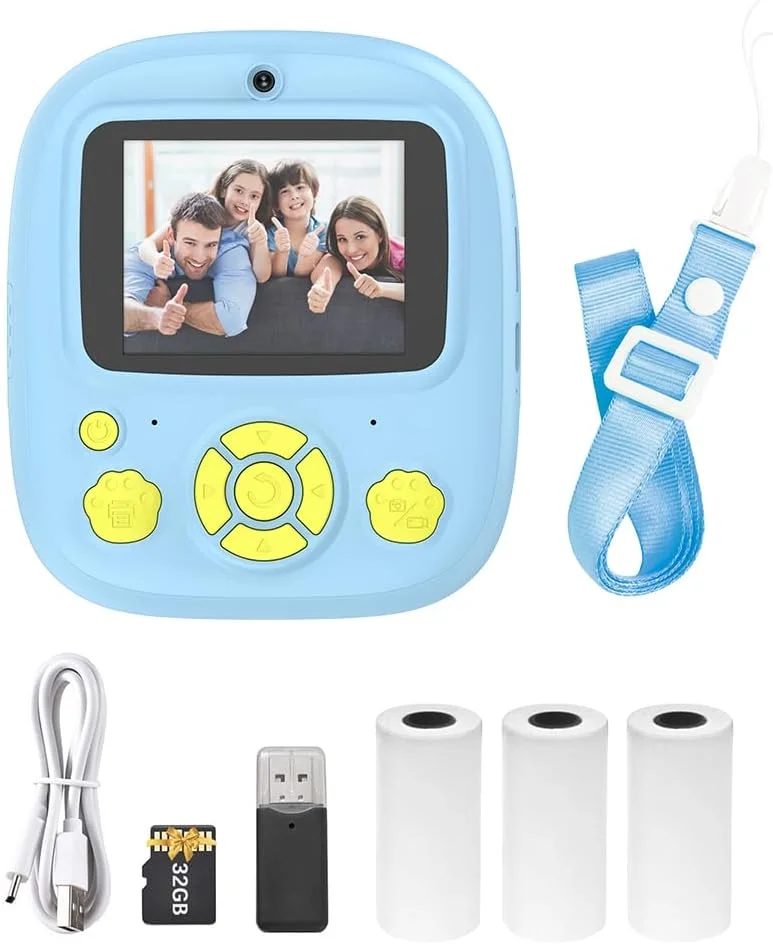 دوربین چاپ فوری حرارتی کودکان Pepisky با صفحه نمایش 2.4 اینچی، دوربین دیجیتال با قابلیت تایمر، فیلمبرداری 1080P720P، چاپ حرارتی بدون جوهر با 3 رول کاغذ چاپ سفید + کارت حافظه 32 گیگابایتی + کارت خوان