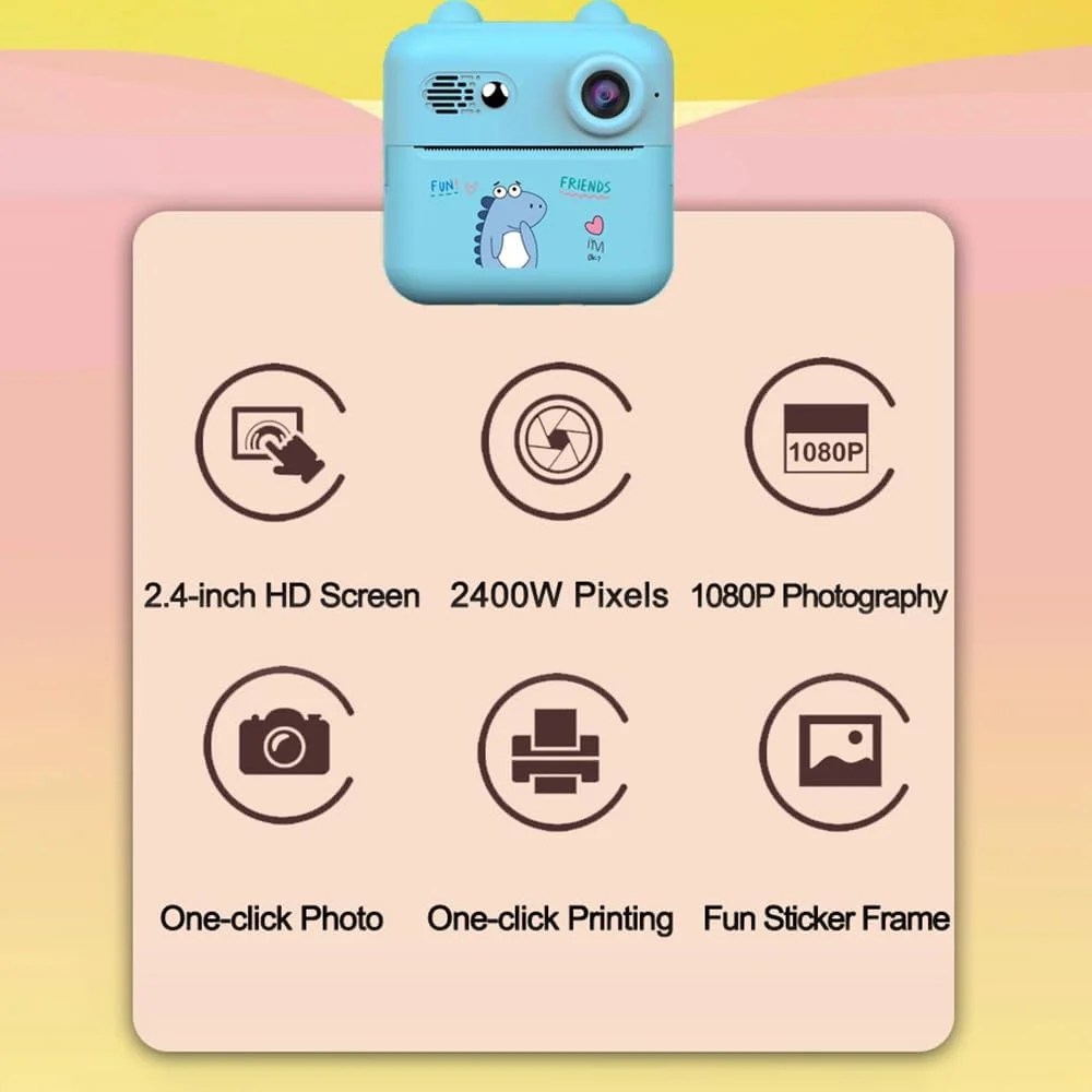 دوربین چاپ فوری 1080P Pepisky، پرینتر عکس مینی قابل حمل برای کودکان با دوربین 1200W، صفحه نمایش 2.4 اینچی با 1 رول کاغذ چاپ مناسب برای یادداشت های روزانه، یادداشت، هدیه تولد، مسافرت