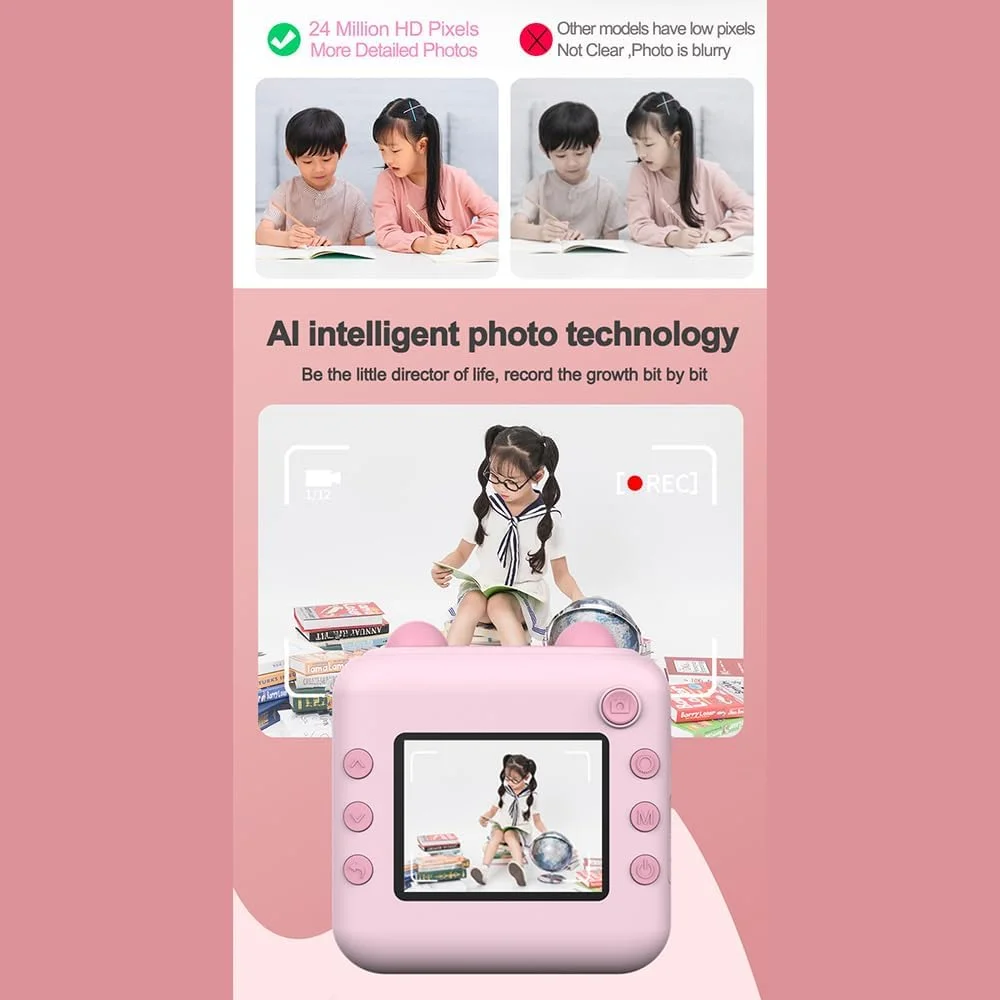 دوربین چاپ فوری 1080P Pepisky، پرینتر عکس مینی قابل حمل برای کودکان با دوربین 1200W، صفحه نمایش 2.4 اینچی با 1 رول کاغذ چاپ مناسب برای یادداشت های روزانه، یادداشت، هدیه تولد، مسافرت