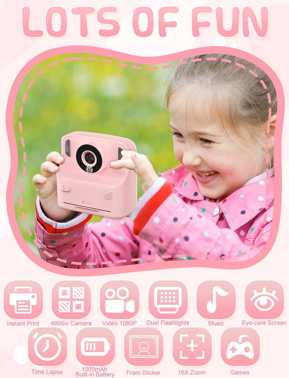 دوربین فوری کودک با 2 فلاش، دوربین دیجیتال کودکانه 2.4 اینچی HD، هدیه برای پسران و دختران شامل 5 رول کاغذ چاپ و کارت 32 گیگابایتی، صورتی دوربین فوری کودک با 2 فلاش، دوربین دیجیتال کودکانه 2.4 اینچی HD، هدیه برای پسران و دختران شامل 5 رول کاغذ چاپ و کارت 32 گیگابایتی، صورتی