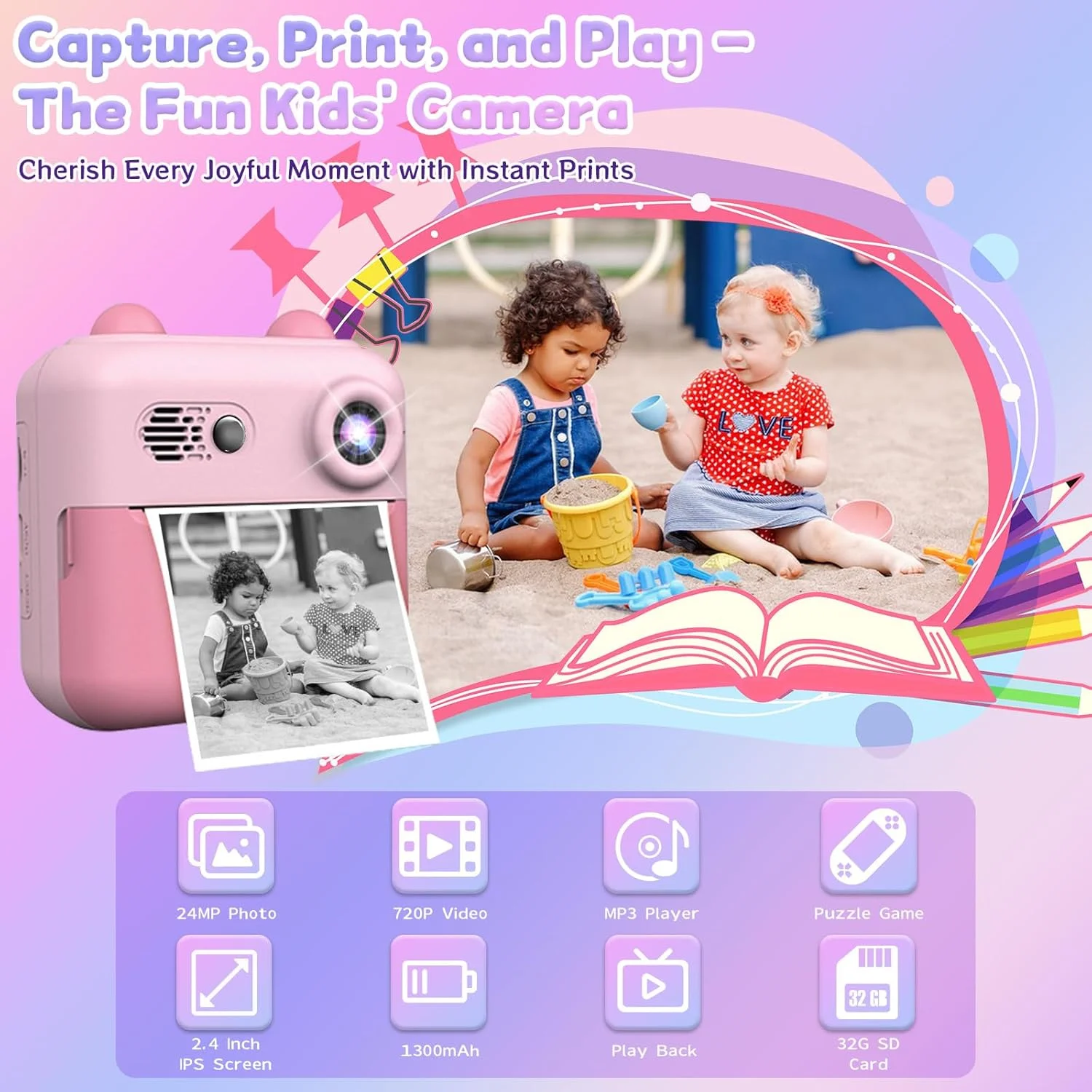 دوربین چاپ فوری کودکانه PINREK، دوربین کودکانه با 3 رول کاغذ چاپ، 5 قلم رنگی و قابلیت DIY، هدیه تولد برای پسران و دختران 3 تا 12 ساله