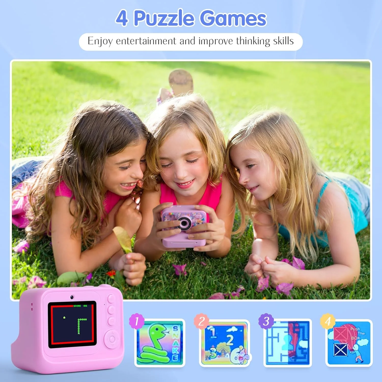 دوربین چاپ فوری کودکانه Poat، دوربین دیجیتال 48 مگاپیکسلی برای کودکان با چاپ بدون جوهر، کارت 32 گیگابایتی، صفحه نمایش 2.4 اینچی IPS، فیلم 1080P، سلفی، بازی ها - اسباب بازی دوربین کودکانه برای دختران 3-12 سال