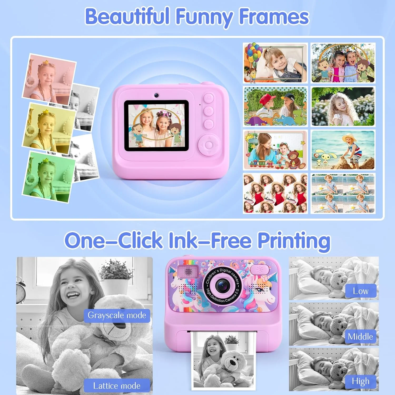 دوربین چاپ فوری کودکانه Poat، دوربین دیجیتال 48 مگاپیکسلی برای کودکان با چاپ بدون جوهر، کارت 32 گیگابایتی، صفحه نمایش 2.4 اینچی IPS، فیلم 1080P، سلفی، بازی ها - اسباب بازی دوربین کودکانه برای دختران 3-12 سال