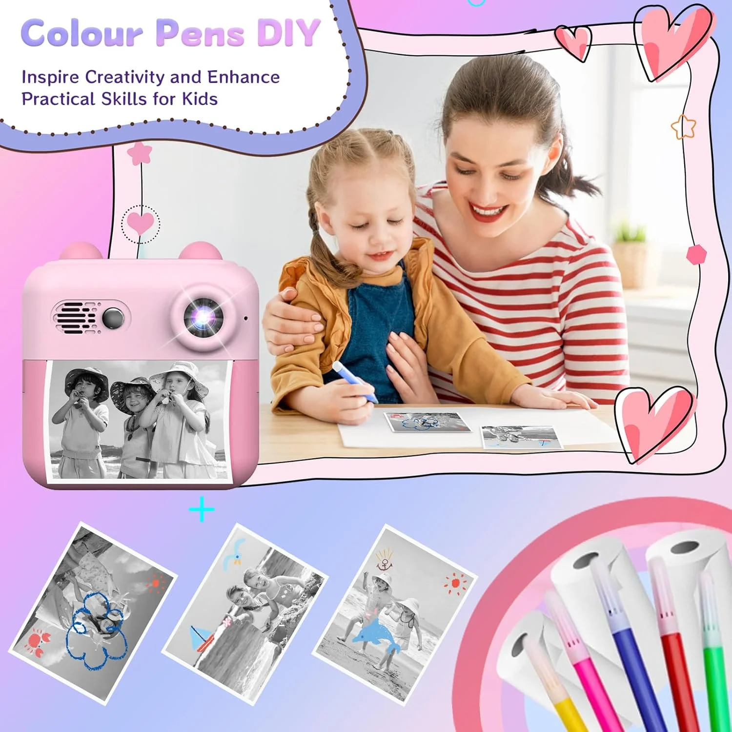 دوربین چاپ فوری کودکانه PINREK، دوربین کودکانه با 3 رول کاغذ چاپ، 5 قلم رنگی و قابلیت DIY، هدیه تولد برای پسران و دختران 3 تا 12 ساله