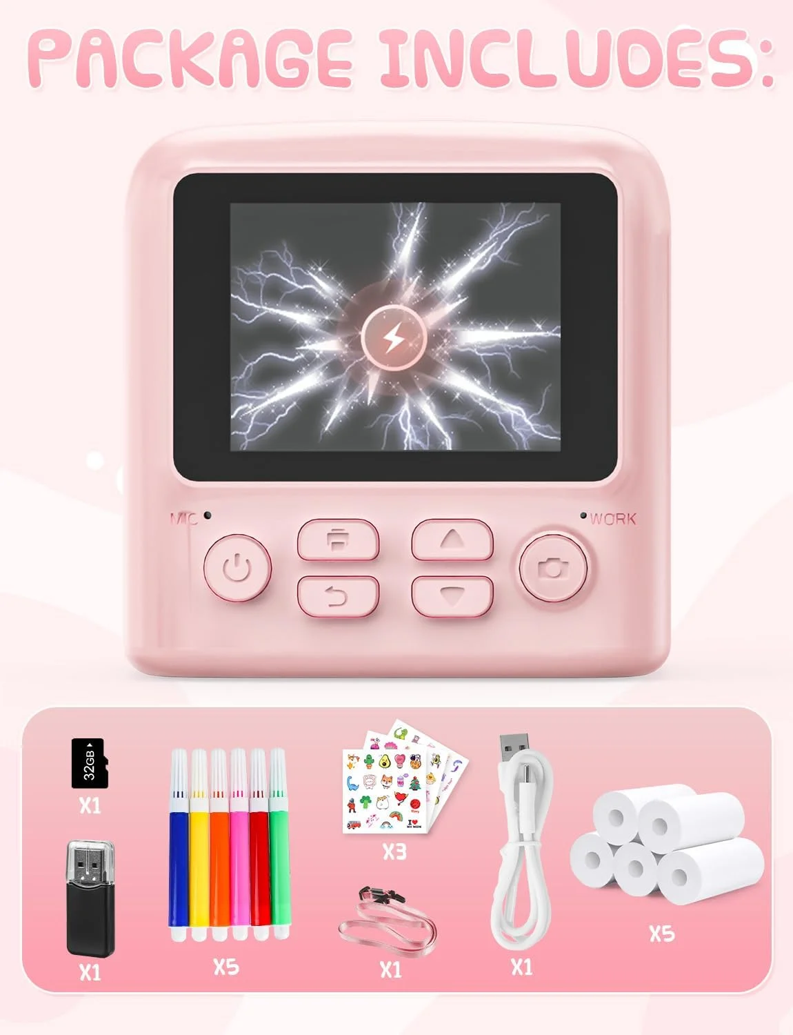 دوربین فوری کودک با 2 فلاش، دوربین دیجیتال کودکانه 2.4 اینچی HD، هدیه برای پسران و دختران شامل 5 رول کاغذ چاپ و کارت 32 گیگابایتی، صورتی دوربین فوری کودک با 2 فلاش، دوربین دیجیتال کودکانه 2.4 اینچی HD، هدیه برای پسران و دختران شامل 5 رول کاغذ چاپ و کارت 32 گیگابایتی، صورتی