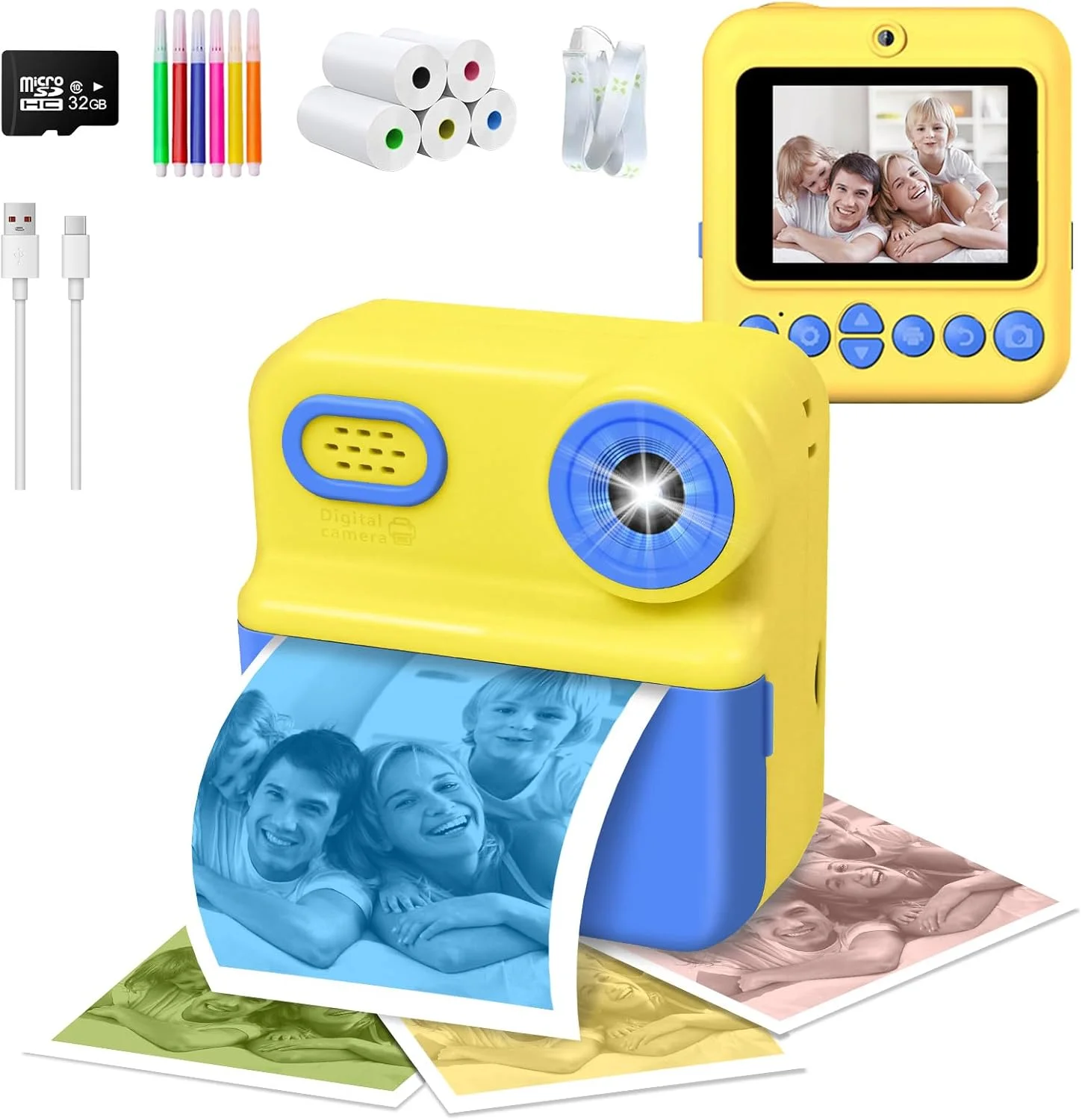 دوربین چاپ فوری رنگی برای کودکان با قابلیت سلفی، دوربین HD 1080P کودکان به همراه 5 رول کاغذ، کارت حافظه 32 گیگابایتی و قلم های رنگی، هدیه تولد و عید برای دختران و پسران 3 تا 12 سال