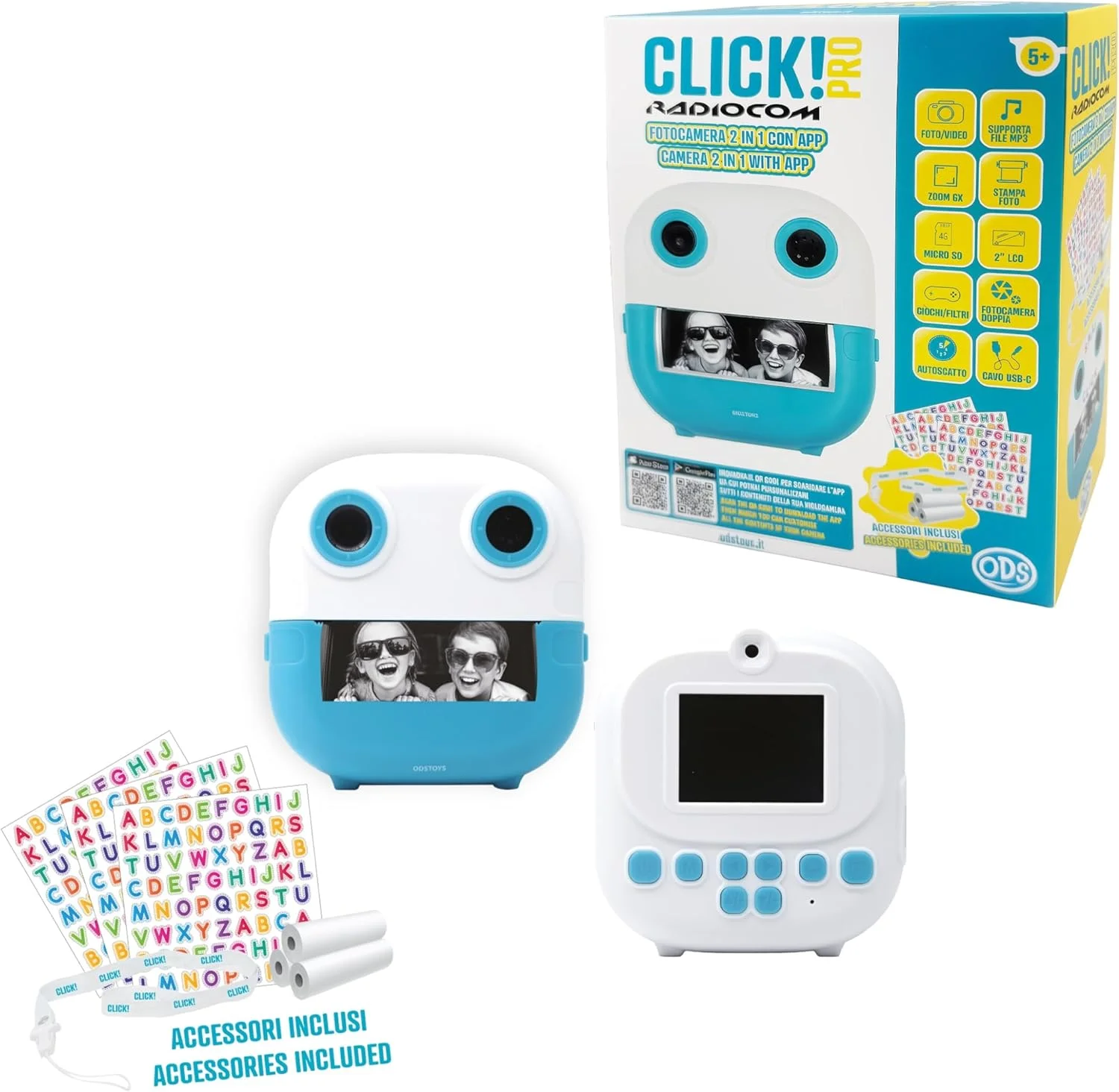 رادیوکام - کلیک! 4 - دوربین فوری برای کودکان - دو دوربین - چاپ عکس ها و نقاشی ها از برنامه - ویدئو 1080p - زوم 6X - بازی ها - صفحه نمایش LCD 2 اینچی MP3 - کارت حافظه microSD 4 گیگابایتی - شامل