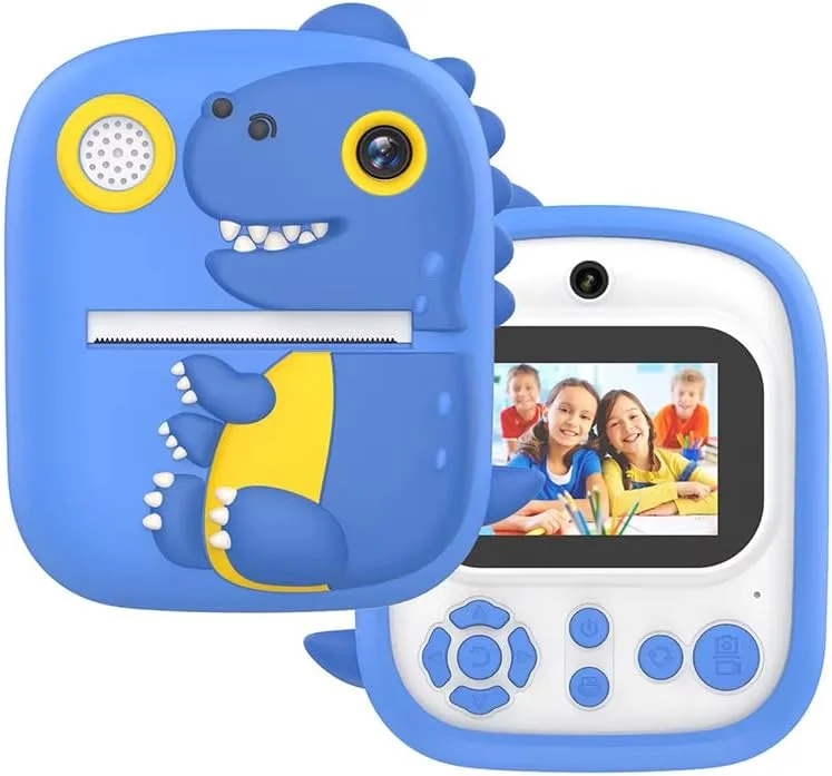 دوربین چاپ فوری کودکانه مدل P3 مناسب کودکان 3 سال به بالا، دارای دوربین جلو و عقب، صفحه نمایش 2.4 اینچی، فیلمبرداری 1080P و کارت حافظه 32 گیگابایتی، طرح دایناسور تی-رکس (آبی آسمانی)
