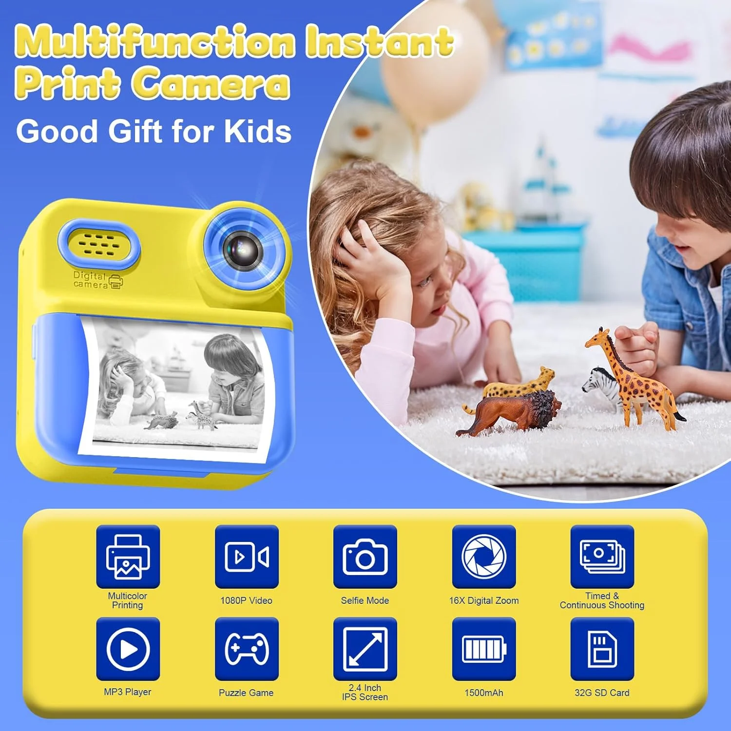 دوربین چاپ فوری رنگی برای کودکان با قابلیت سلفی، دوربین HD 1080P کودکان به همراه 5 رول کاغذ، کارت حافظه 32 گیگابایتی و قلم های رنگی، هدیه تولد و عید برای دختران و پسران 3 تا 12 سال دوربین چاپ فوری رنگی برای کودکان با قابلیت سلفی، دوربین HD 1080P کودکان به همراه 5 رول کاغذ، کارت حافظه 32 گیگابایتی و قلم های رنگی، هدیه تولد و عید برای دختران و پسران 3 تا 12 سال